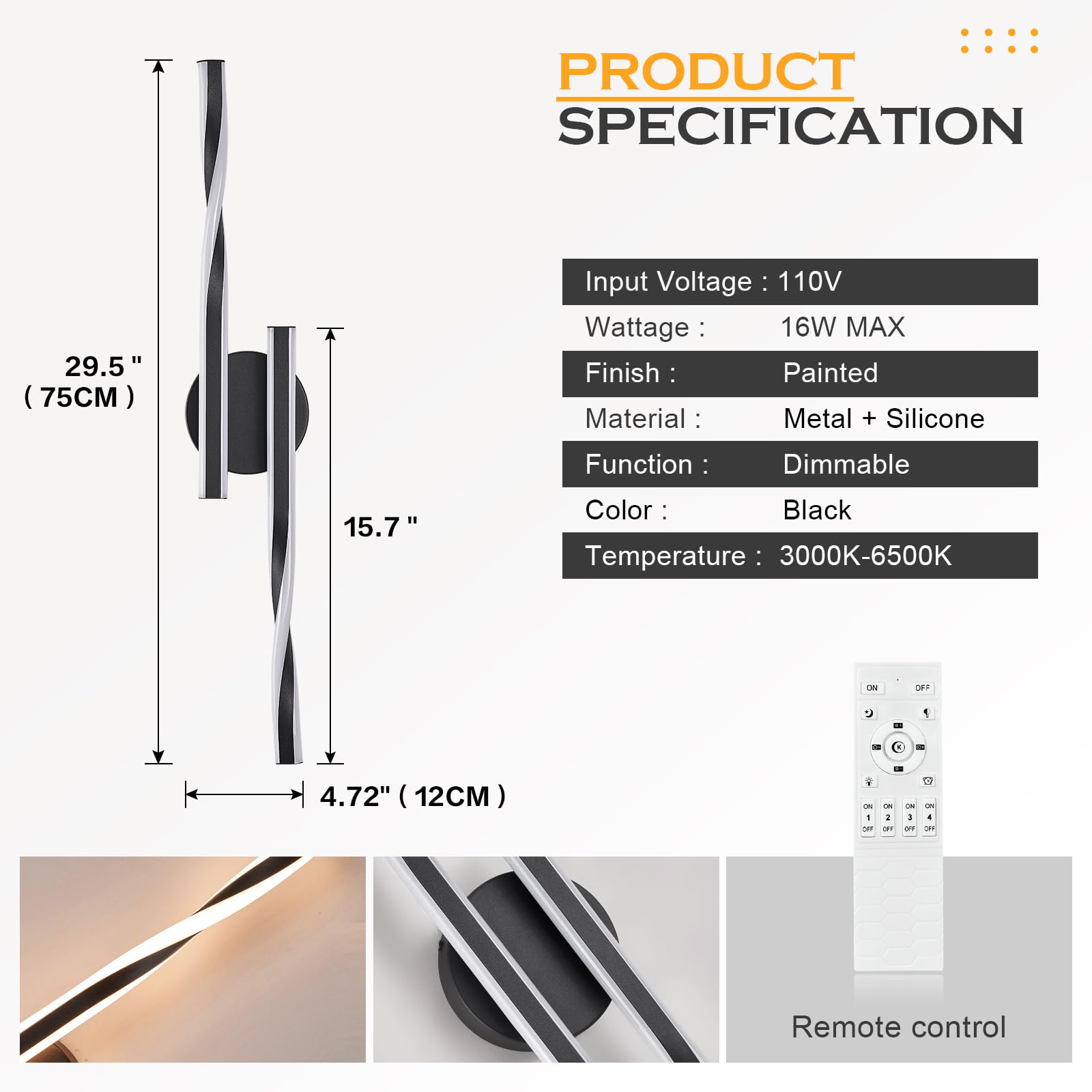 Benkut Modern LED Vanity Light Sconce, Black Metal, Remote Control, 30 Inch, 3000K-6500K - Ideal for Bathroom, Bedroom, Dining, Living Room