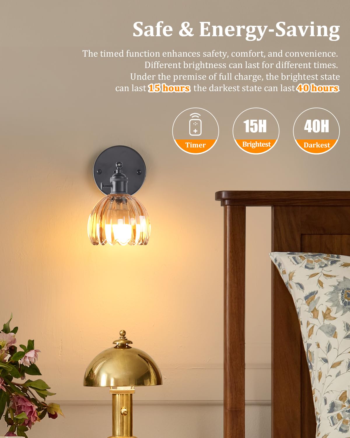 Shenmoyl Vintage Wall Sconce - Battery Operated, Amber Glass Lampshade, Remote Control, Black Base, Model 1-93316, 1 Pack