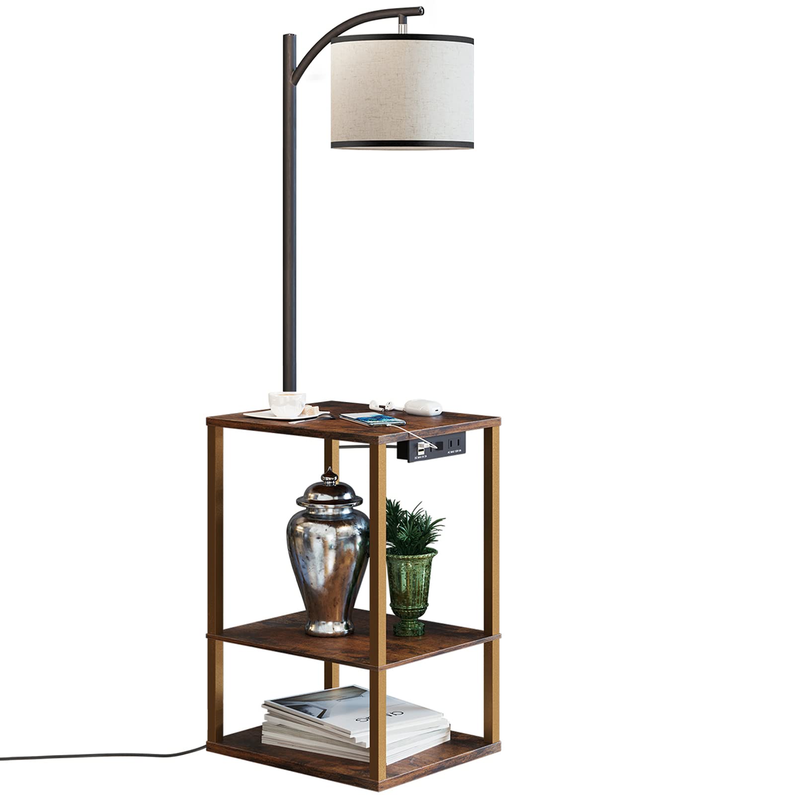 Sunmory Rustic End Table Lamp With Table, Shelves, Charging Station(Usb & Ac Port) 3-Color Temperature Led Bulb For Floor, Livin