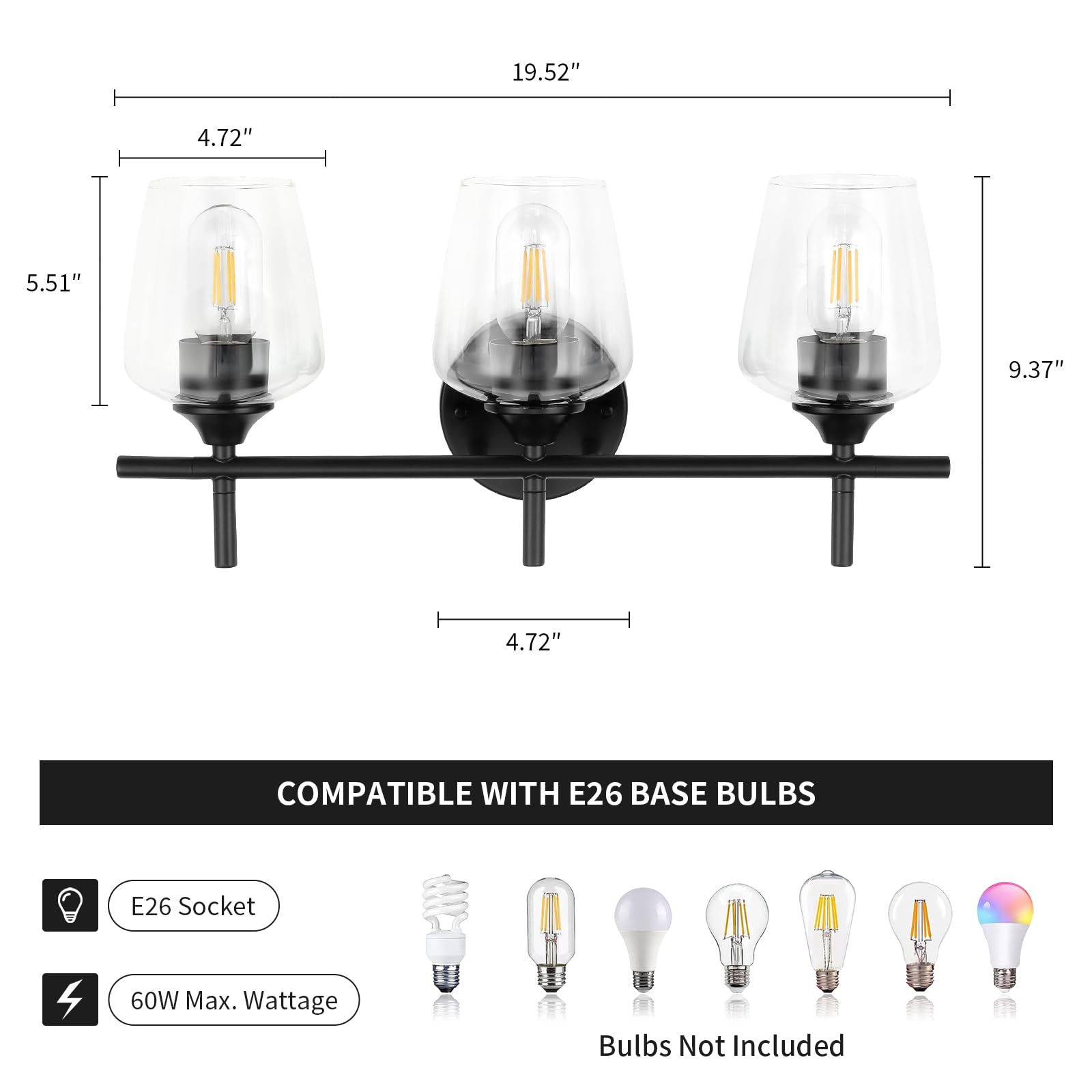 foucasal Bathroom Vanity Light Fixtures, 3-Light Black Metal Lighting, Modern Design with Clear Glass Shade, Model ULB0046H