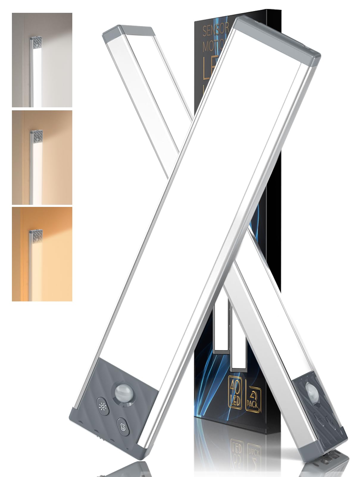 Under Cabinet Lighting Motion Sensor Lights Indoor, 40 LED 3 Color Temperatures Wireless Rechargeable Closet Light, Dimmable Und