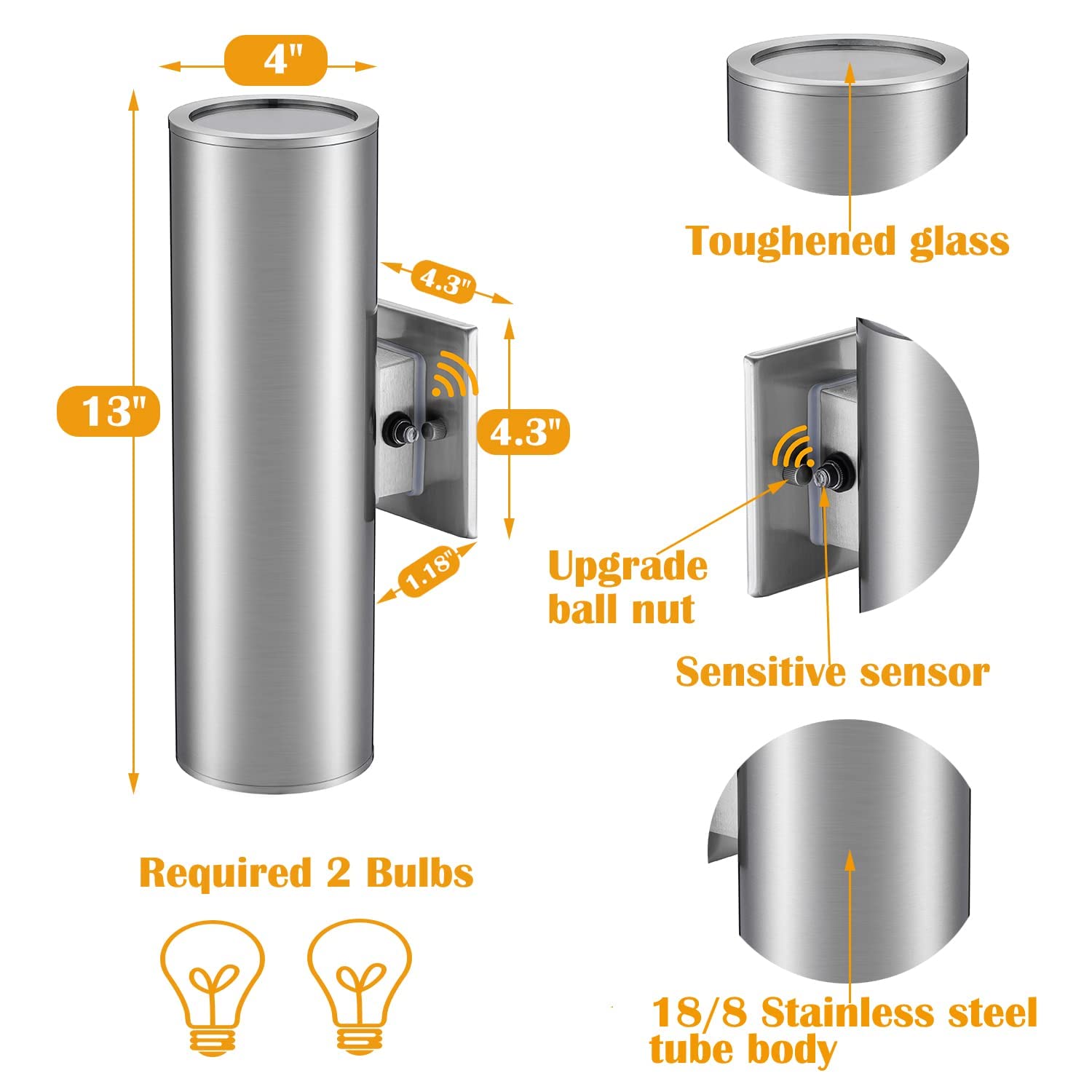 TENGXIN Dusk to Dawn Outdoor Wall Sconce, Stainless Steel, Brushed Nickel with Sensor, 1 Pack, Model GMC00006BO-G