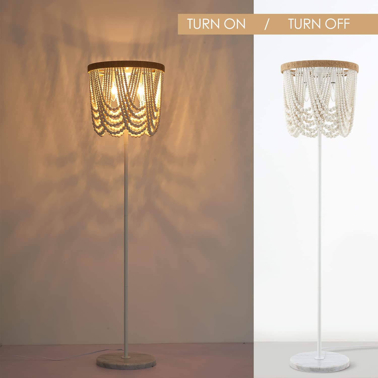 Viluxy Bohemia Wood Beaded Boho Floor Lamp - Antique Rustic White Finishing For Bedroom, Nursery, Dining, Girl Room - 3-Light