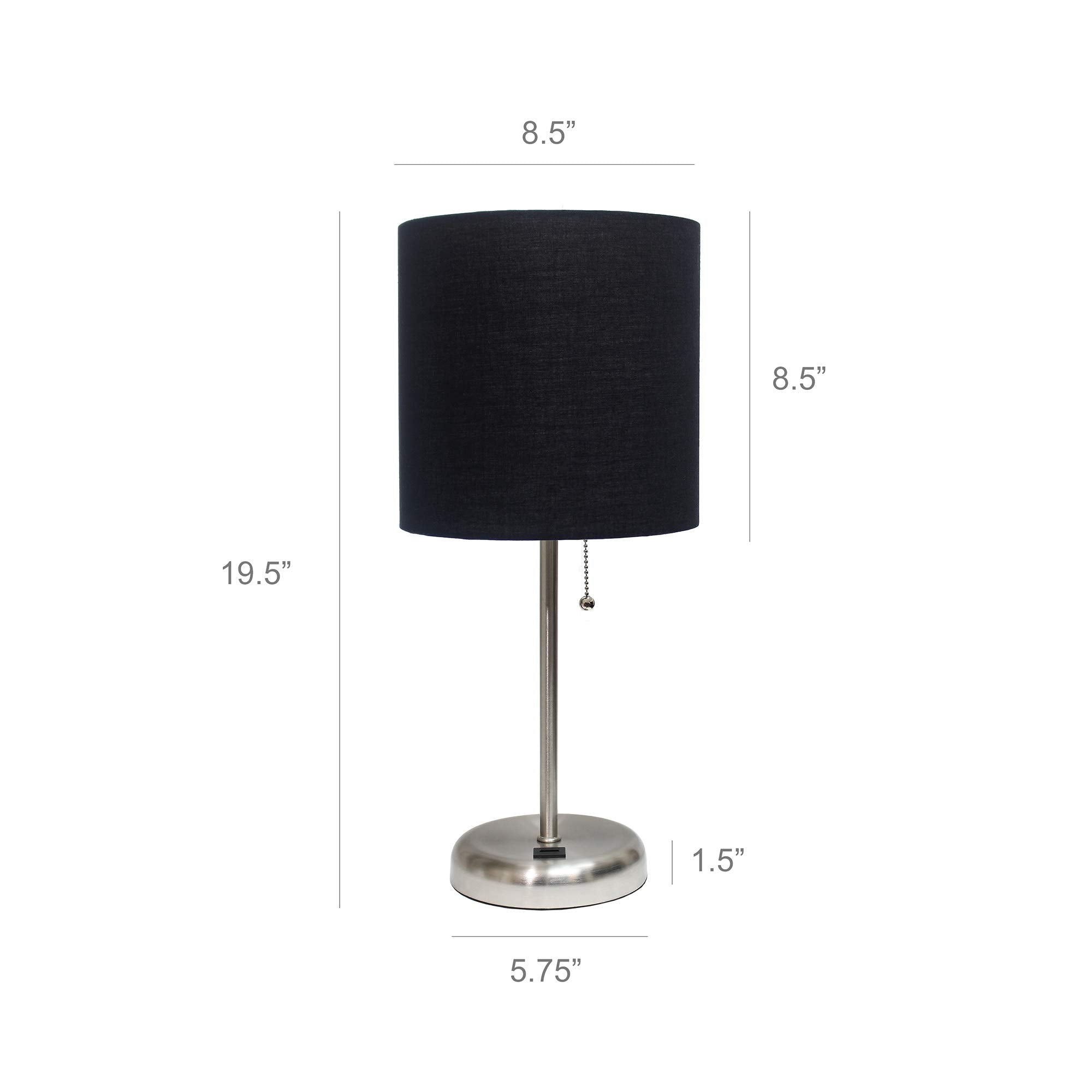 Simple Designs Lc2002-Blk-2Pk Brushed Steel Stick Table Lamp Set With Usb Charging Port And Black Fabric Shades, 2 Pack Set