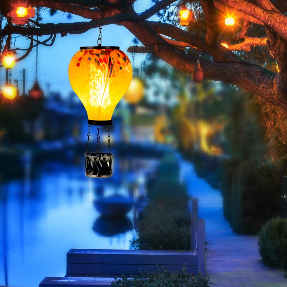 Starsoul Hot Air Balloon Solar Lantern Tie-Dye Style Glass Outdoor Solar Hot Air Balloon Lantern With Flame Light Waterproof Han