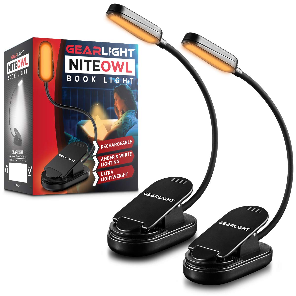 GearLight Rechargeable Book Light - 2 Pack Adjustable LED Clip-on Lamp, 3 Light Modes, Flexible Neck, Black, Model GL-BLN-2P