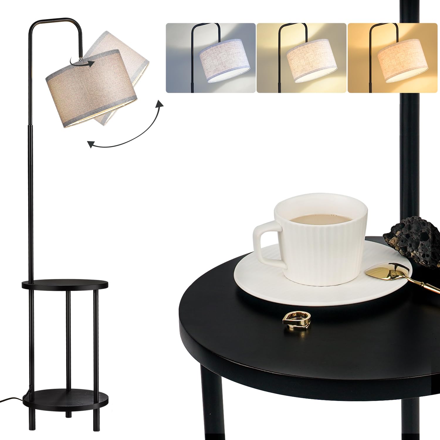 ELYONA Modern Floor Lamp for Living Room, Solid Wood Side Table Lamp with Grey Fabric Drum Shade, 3-Color Temperatures End Table