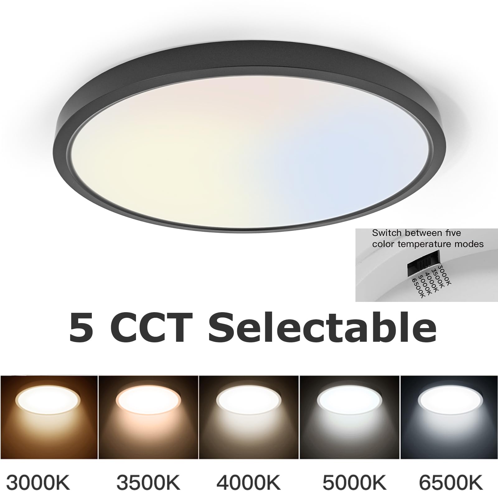 Taloya 10 Inch Black Led Ceiling Light Fixture Flush Mount, 5-In-1 Cct Selectable (3000K/3500K/4000K/5000K/6500K), 2000Lm 0.94Inch Thickness Low Profile Surface Mounted Light Fixture For Hallway