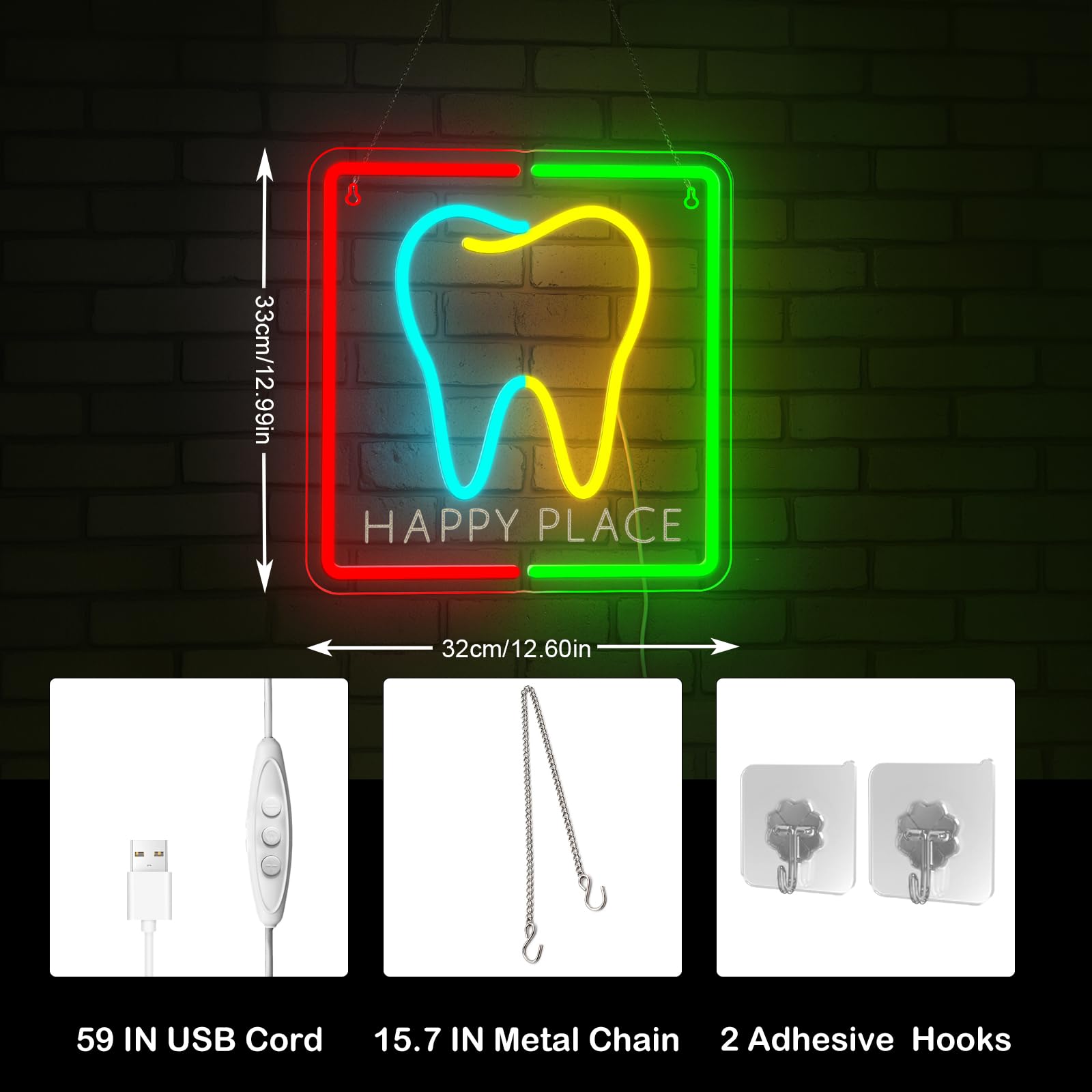 Wanxing Happy Place Tooth Neon Sign, Colorful LED Light, Dimmable Brightness, USB Powered, Kids·Dentistry & Home D?or