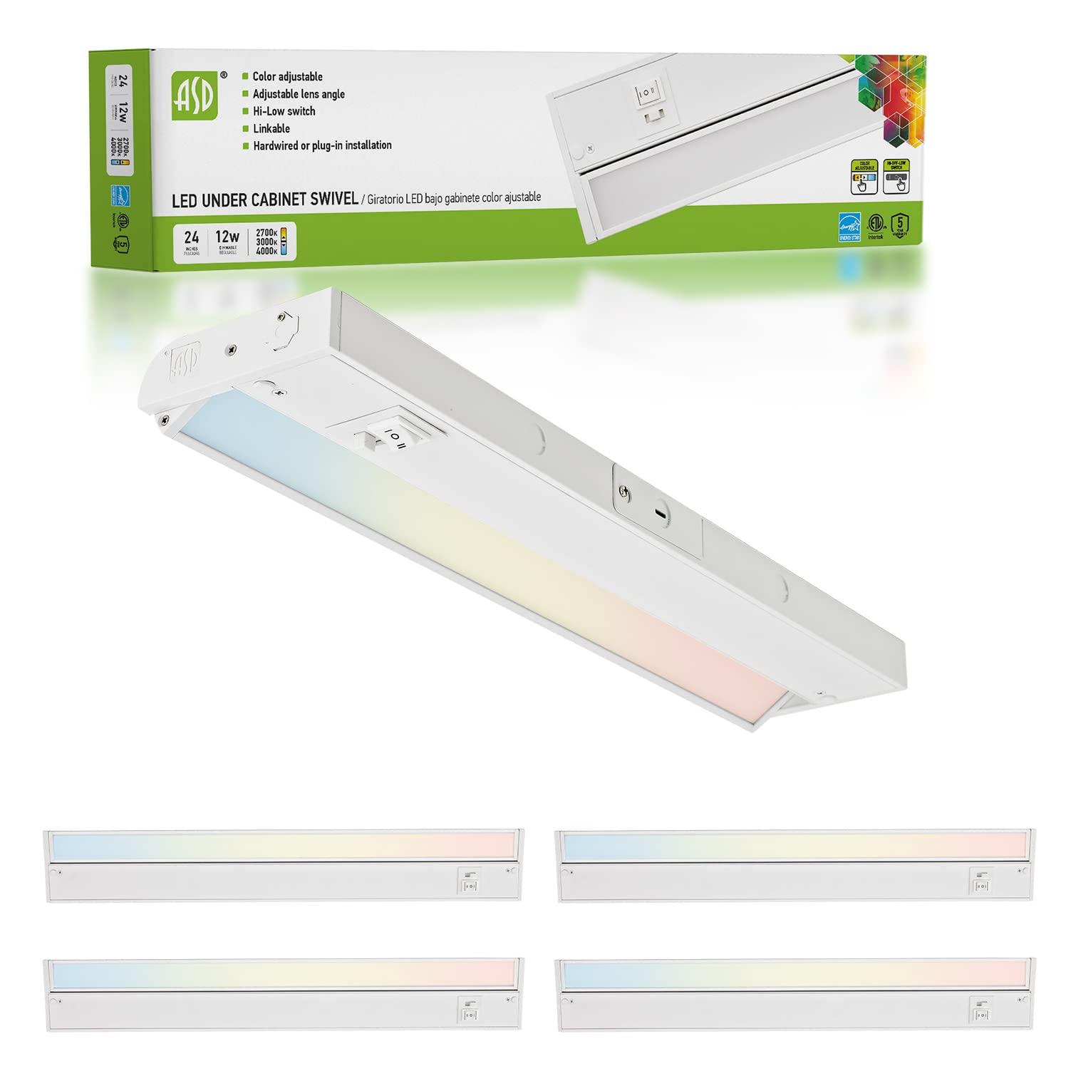 ASD LED 12W Swivel Under Cabinet Lighting 24 Inch Dimmable Hardwired or Plug-in Installation, 3 Color Levels - 2700K/3000K/4000K