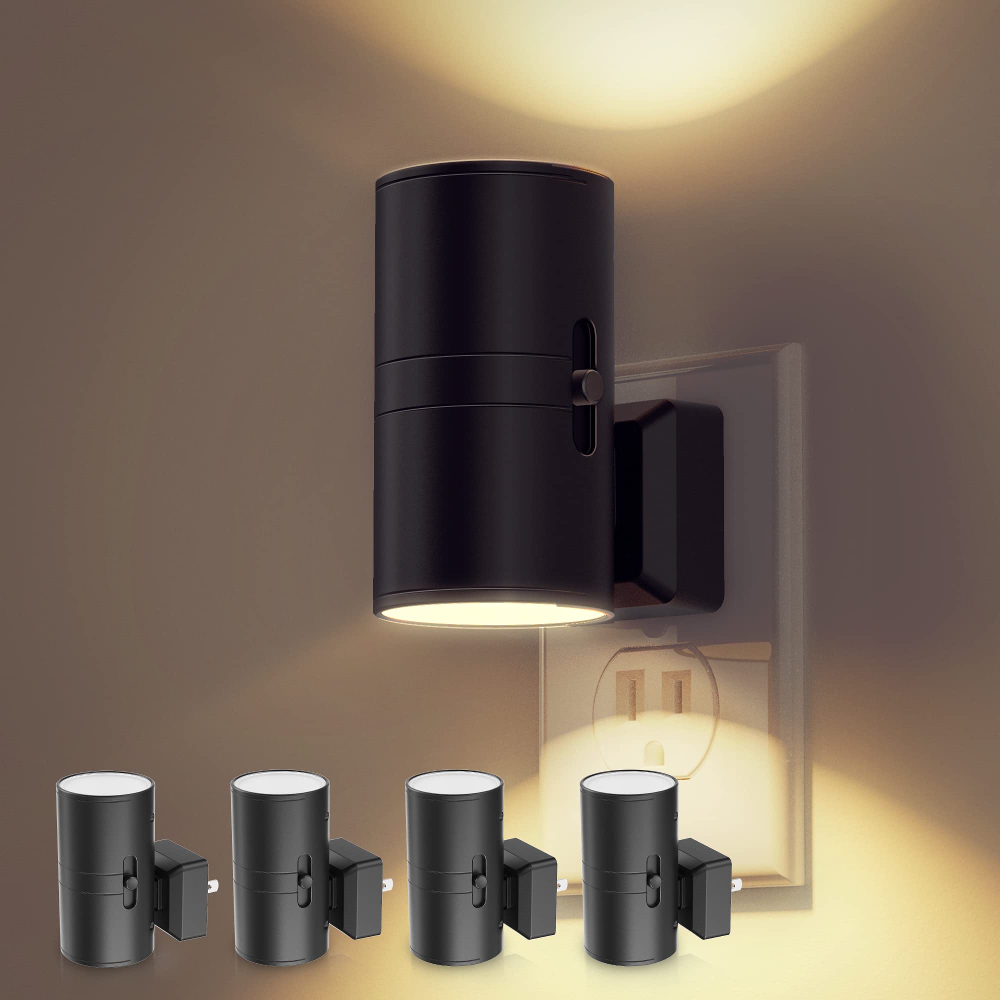 L LOHAS LED Night Light Plug in  4 Pack  Dimmable Night Lights Plug into Wall  Light Sensor Nightlight  Soft White 3000K with Black Shade  Plug in Nightlights for Hallway Bathroom Kitchen Bedroom