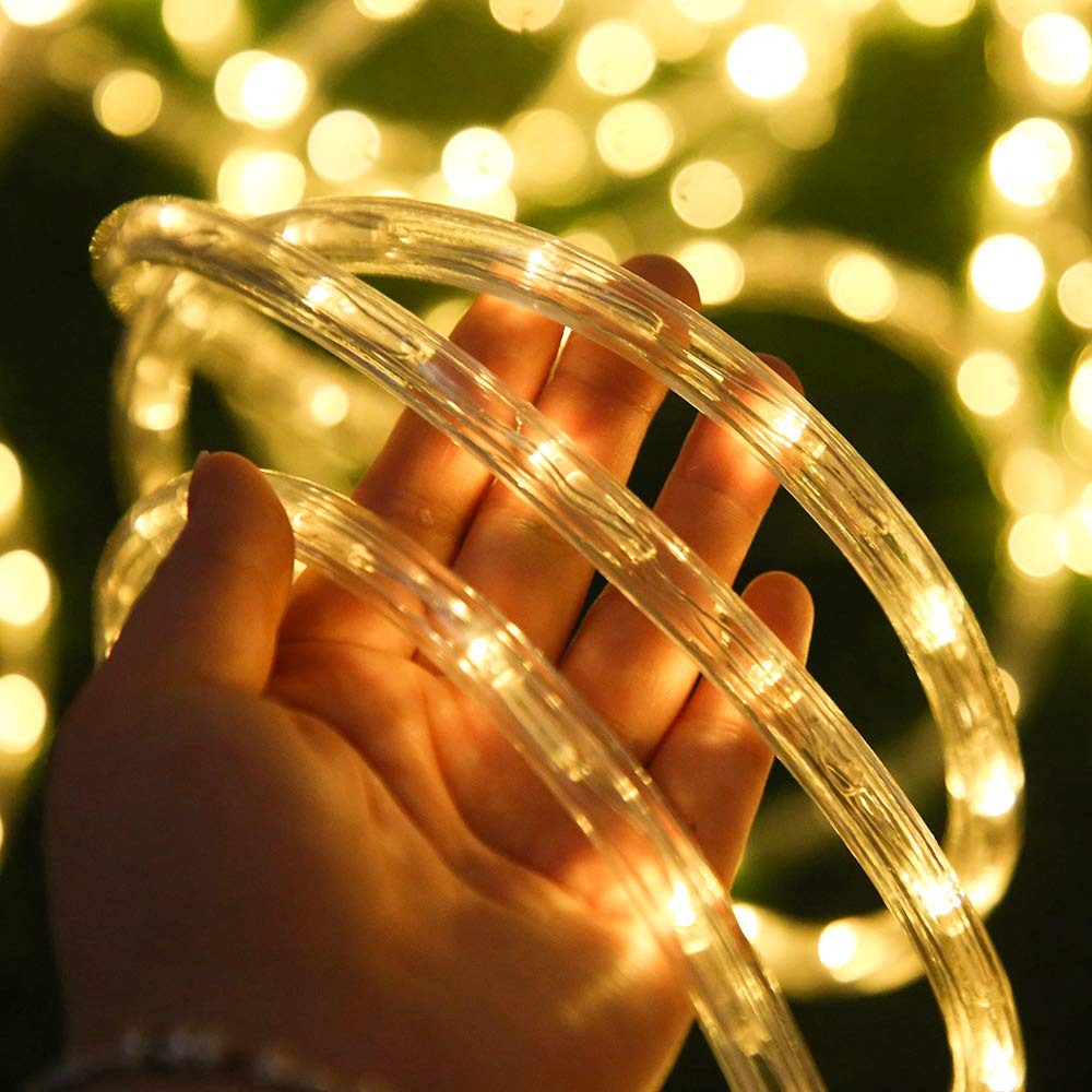 DINGFU 50ft LED Waterproof Rope Lights, Warm White, PVC Tube & Copper Wire, Indoor/Outdoor Use, Connectable for Deck, Patio, and Christmas Decor