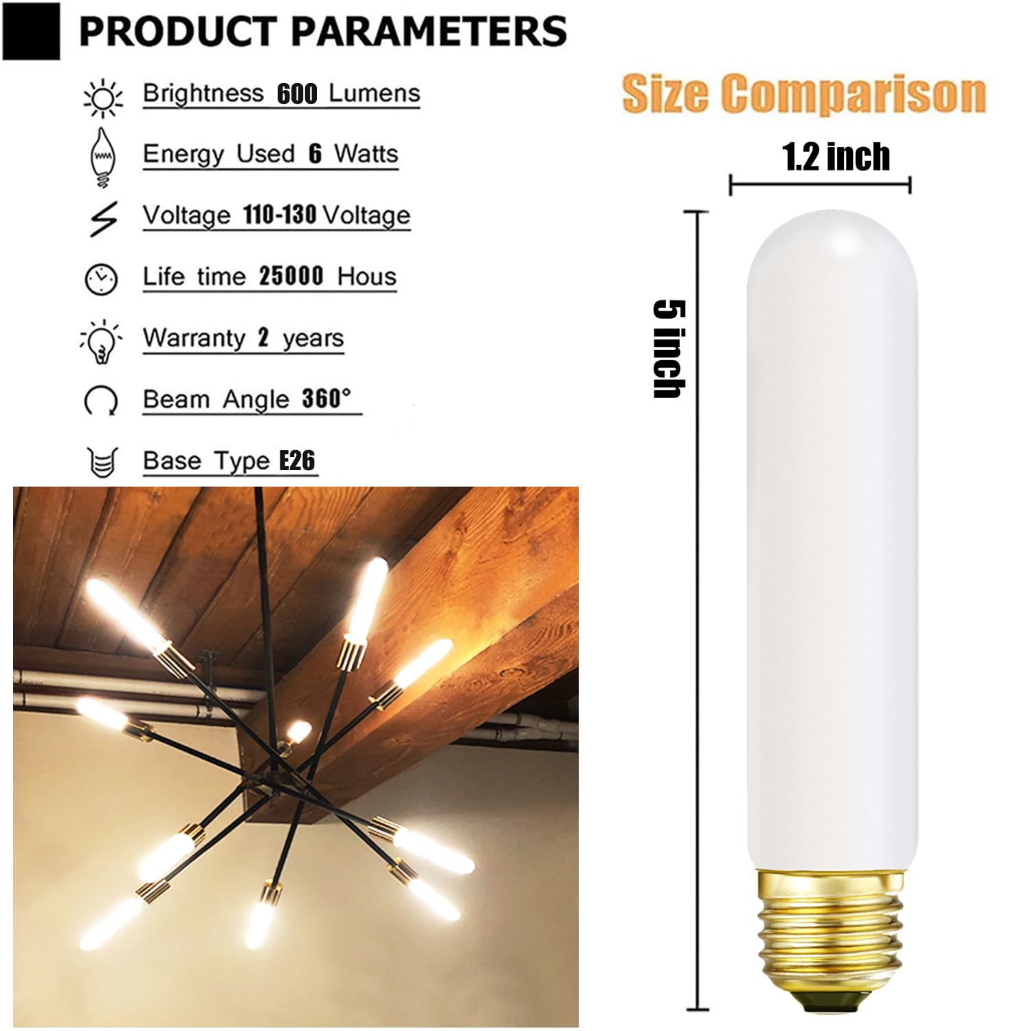 Leools T10 Led Light Bulb 6Inch E26 Base Matt Opal Porcelain Warm White 2700K Dimmable Edison 8W Led Tubular Bulb,600Lm,60 Watt