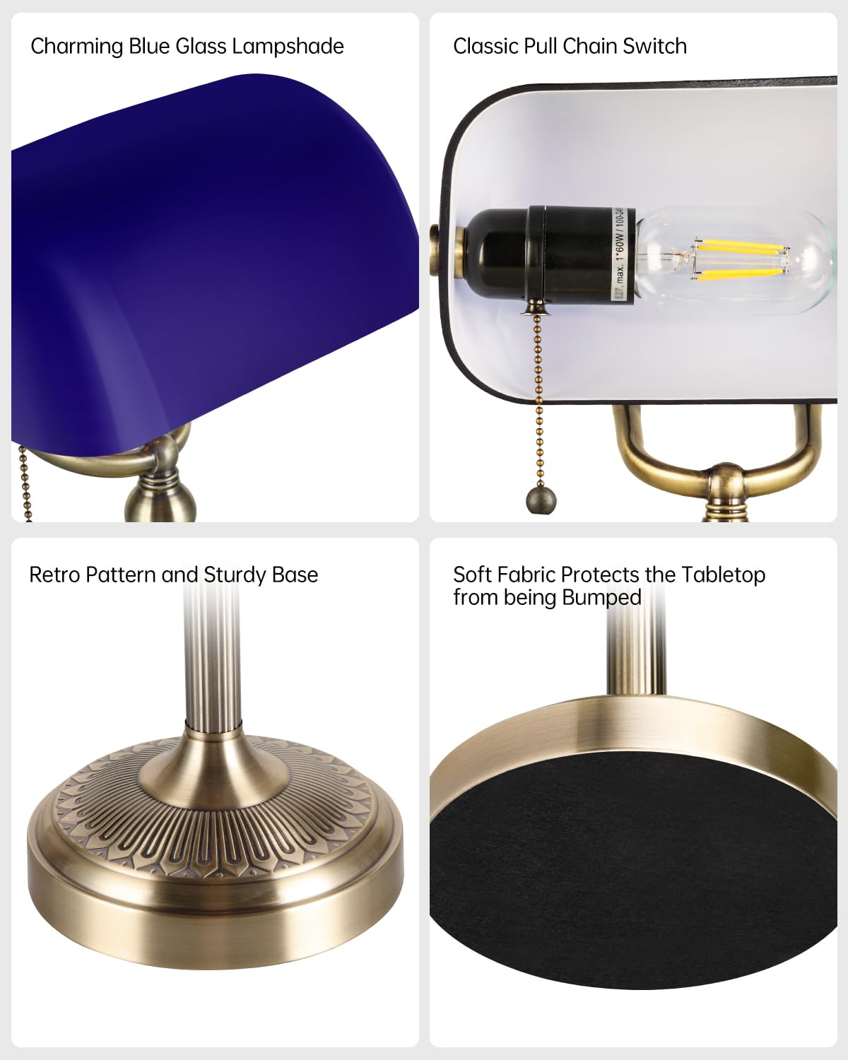 Newrays Blue Glass Bankers Desk Lamp with Pull Chain Switch - Classic Plug-in Fixture for Home Office & Library