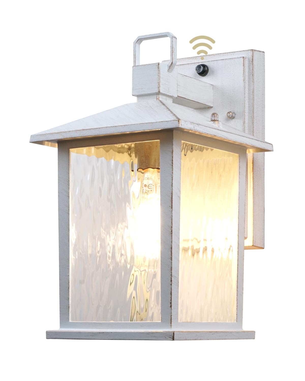 ZILLSEA Dusk to Dawn Outdoor Porch Light, Distressed White Exterior Lighting Fixture with Water Ripple Glass, Rustproof Waterpro