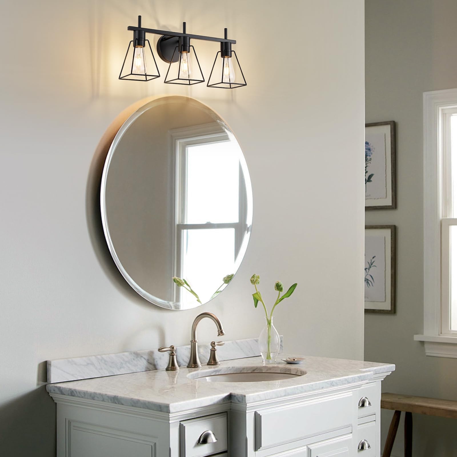 Fonmyim Farmhouse Bathroom Vanity Light Fixtures Over Mirror, Matte Black 3-Light Wall Sconce With Metal Cage, E26 Socket (Bulbs