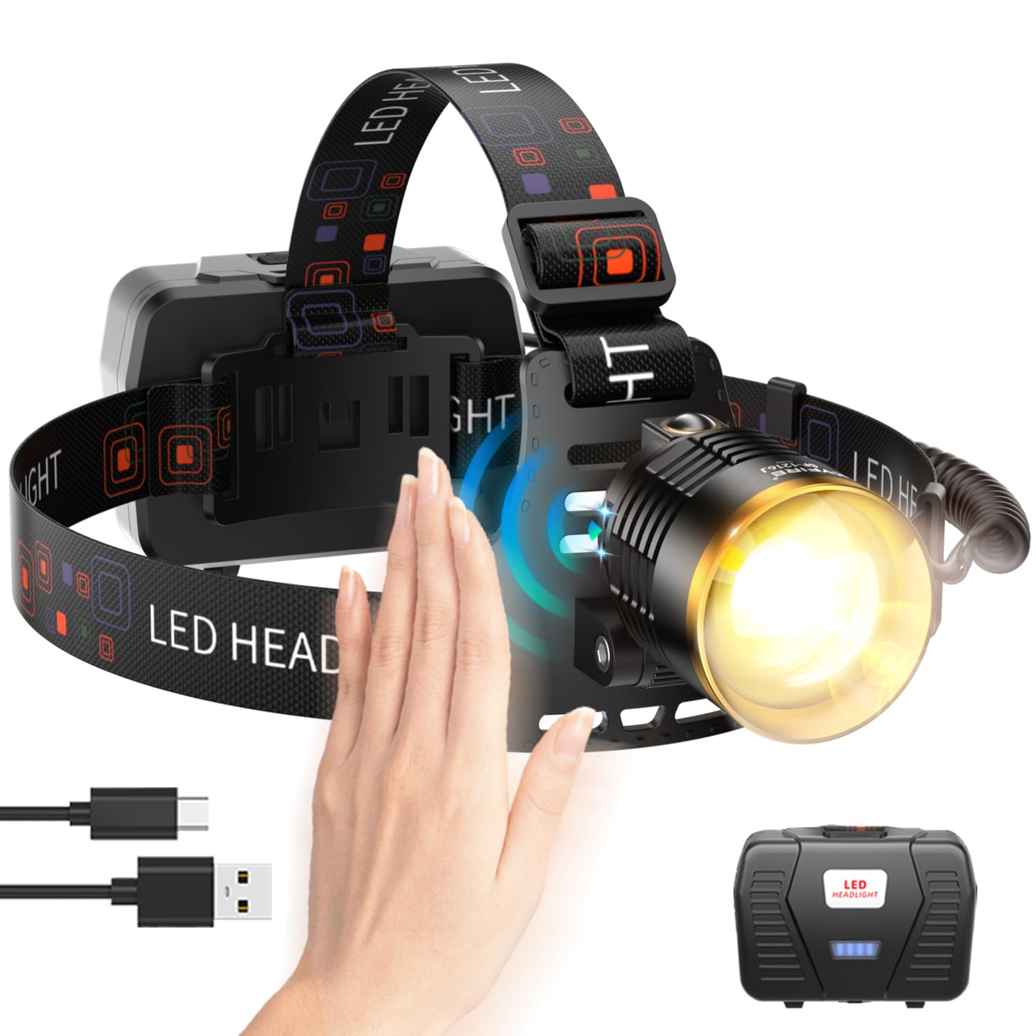 SKYFIRE Headlamp Rechargeable 3000 High Lumens, 13 Mode LED 7500mAh Head Light with Motion Sensor, Zoomable 90 Adjustable Waterp