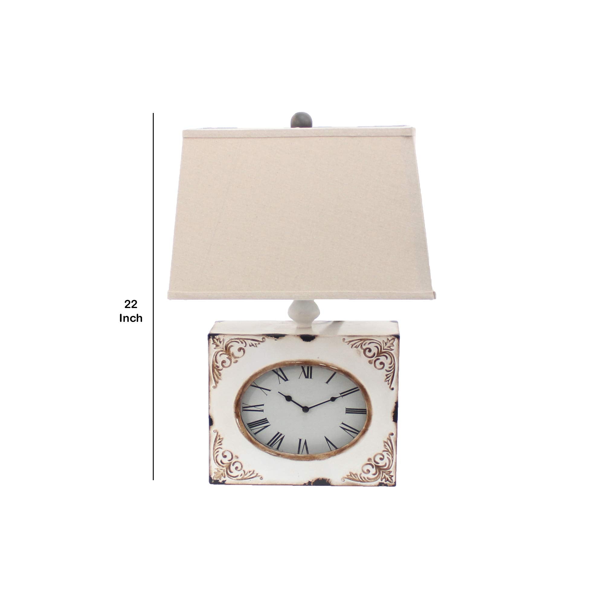 Benjara Bm217251 Clock Design Metal Table Lamp With Tapered Shade White & Beige - 22 X 7 X 4.75 In.