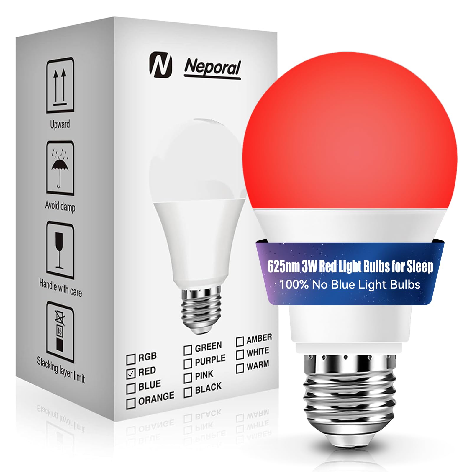 Neporal 3W 625Nm Red Light Bulbs For Sleep, 100% Blue Light Blocking Bulb, Red Light Night Light For Melatonin Promoting, A19 40