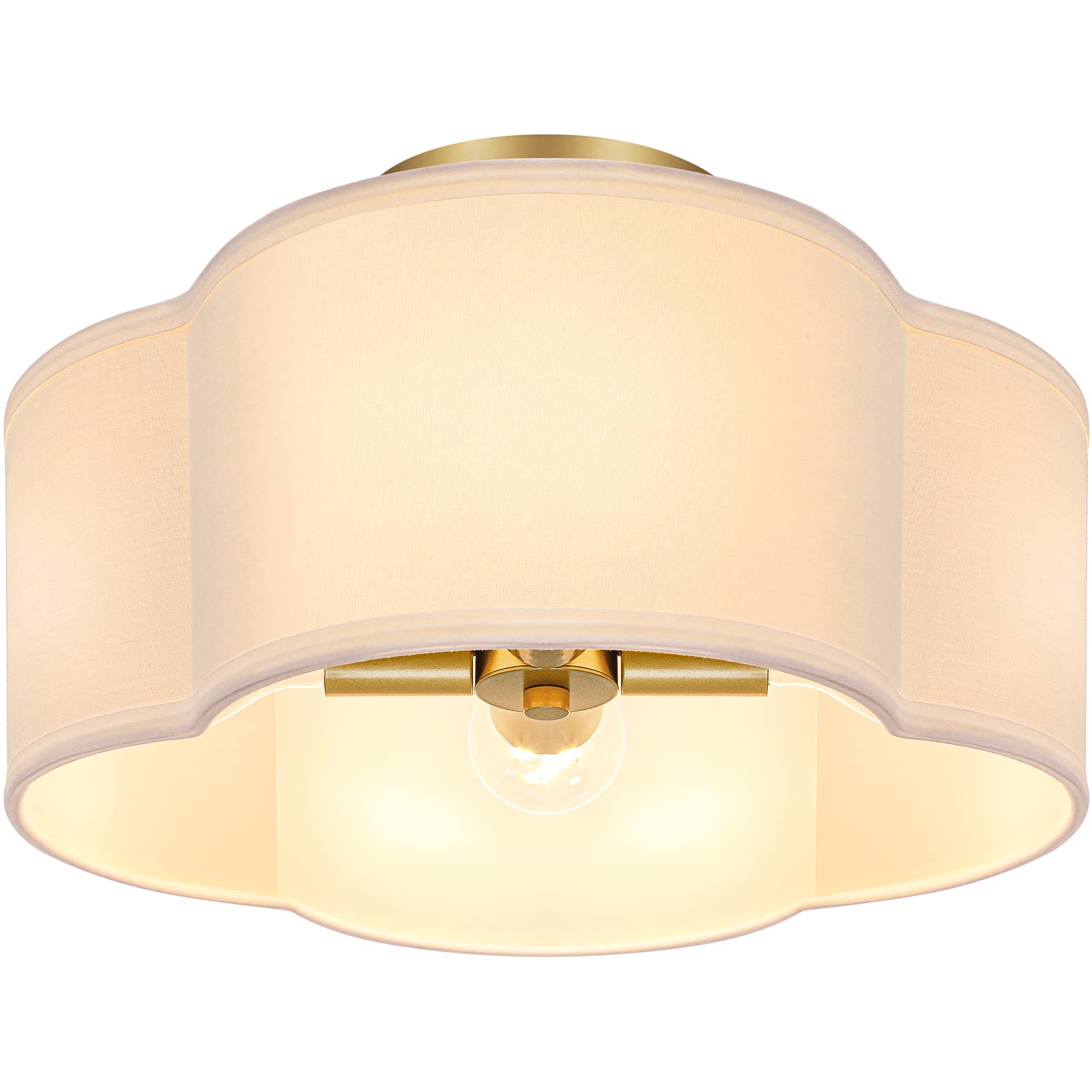 Beslowe 4-Light Gold Semi Flush Mount Ceiling Light, White Fabric Shade For Bedroom & Hallway