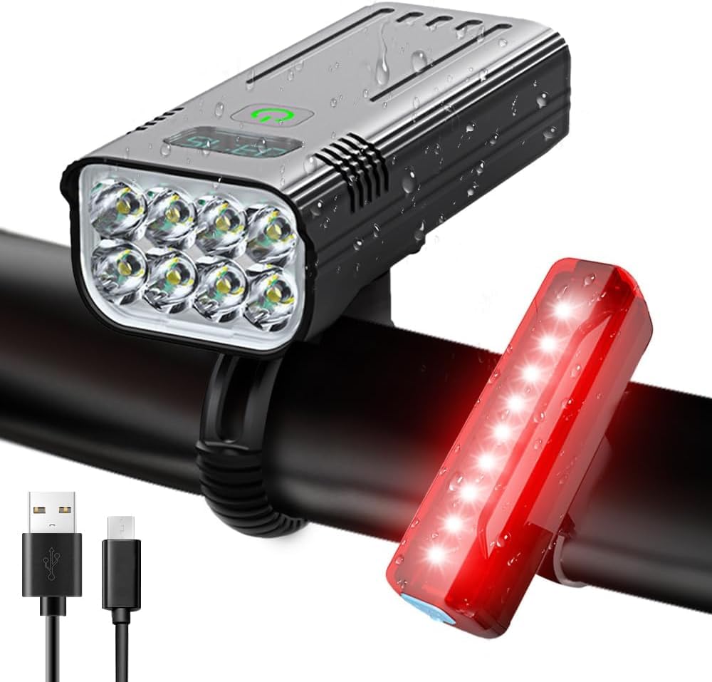 Victoper Bike Light Set, 8 LED 8000 Lumens, USB Rechargeable, Front & Rear Lights, Matte Black, Aluminum