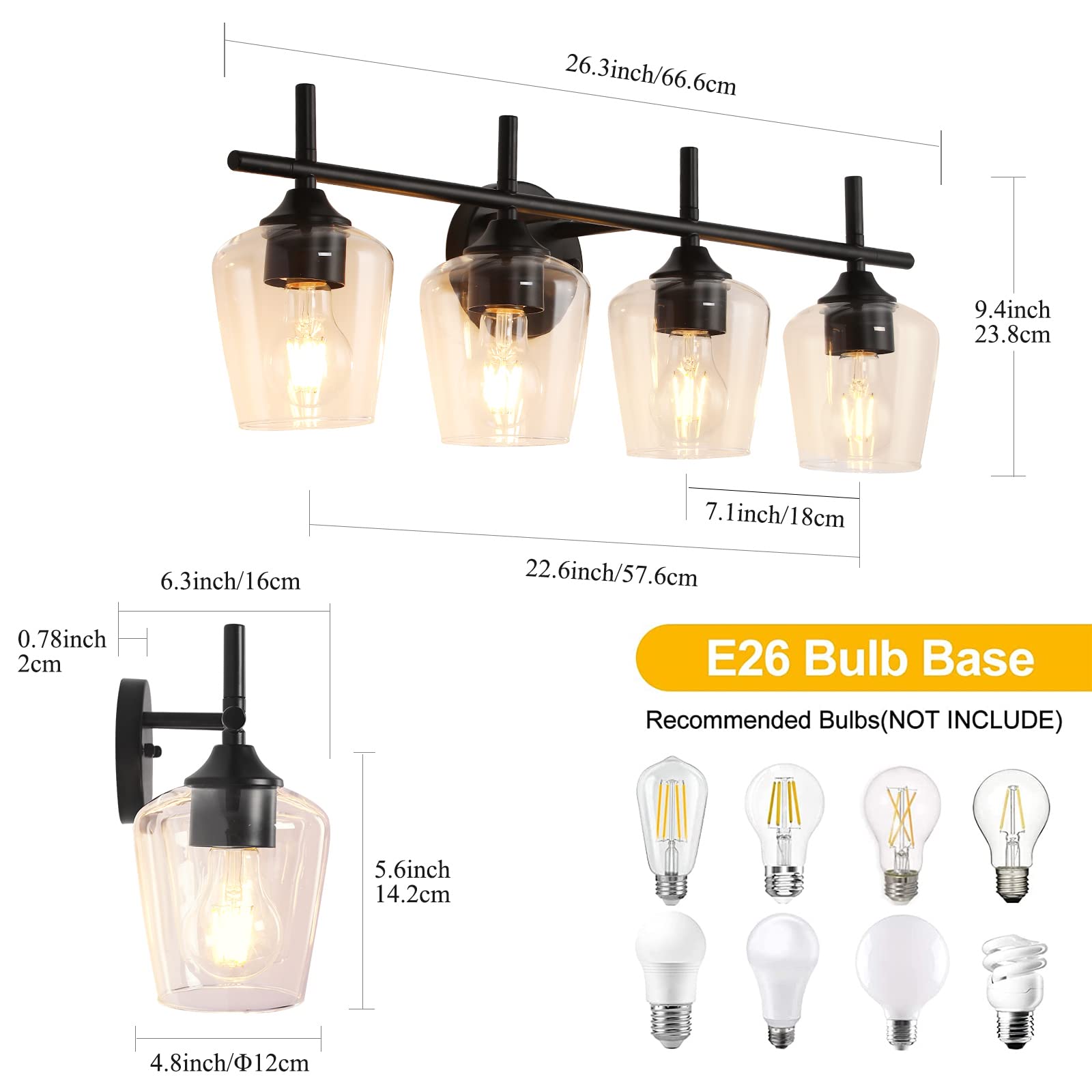 Foucasal Black Bathroom Light Fixtures - 4-Light Vanity Light With Clear Glass Shade, Industrial Matte Wall Lights For Bedroom H