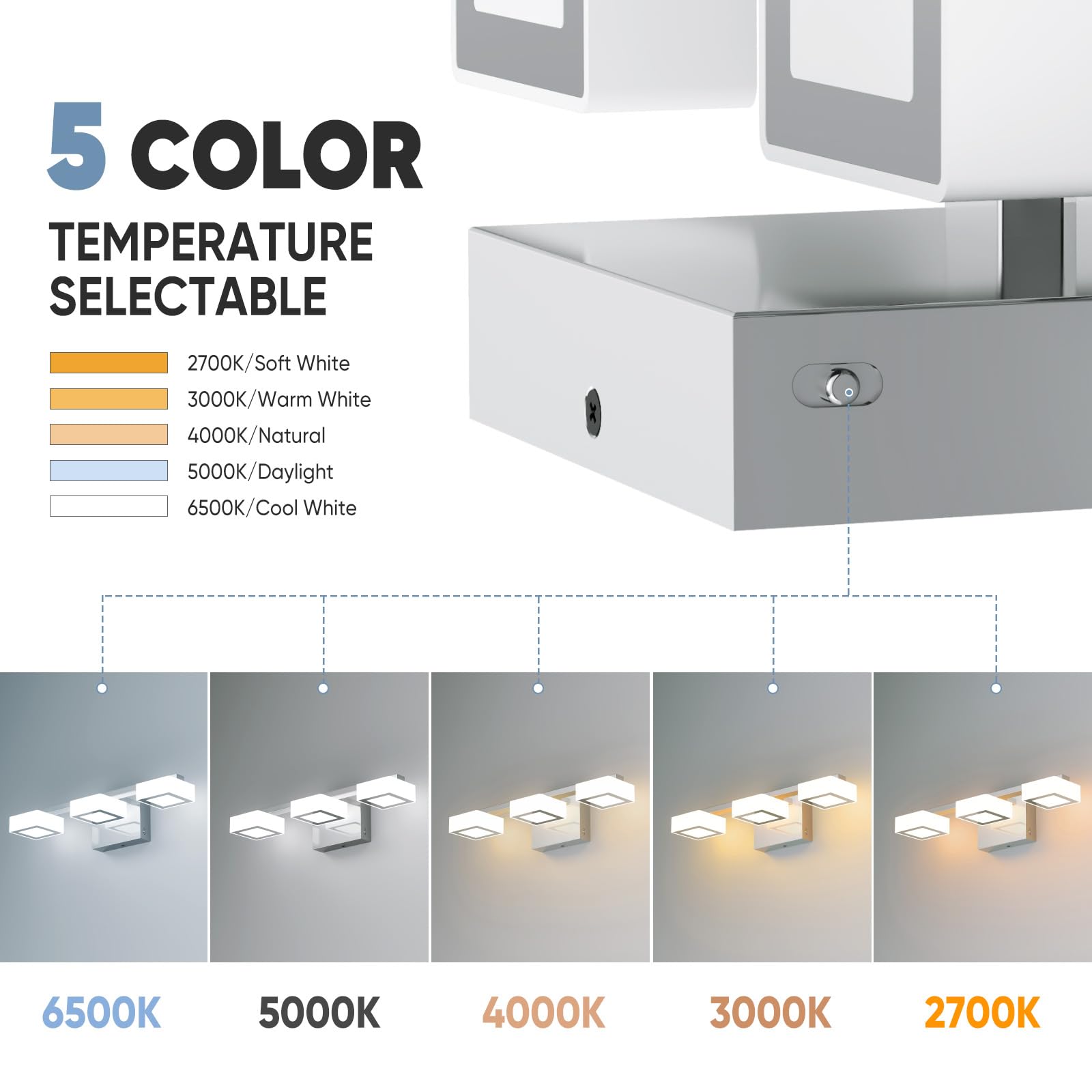 Myth Realm Led Modern Bathroom Light Fixtures Over Mirror, 3-Light Dimmable Vanity Lights, Chrome Acrylic Bathroom Vanity Light, 2700K-6500K Adjustable, Etl Certificated