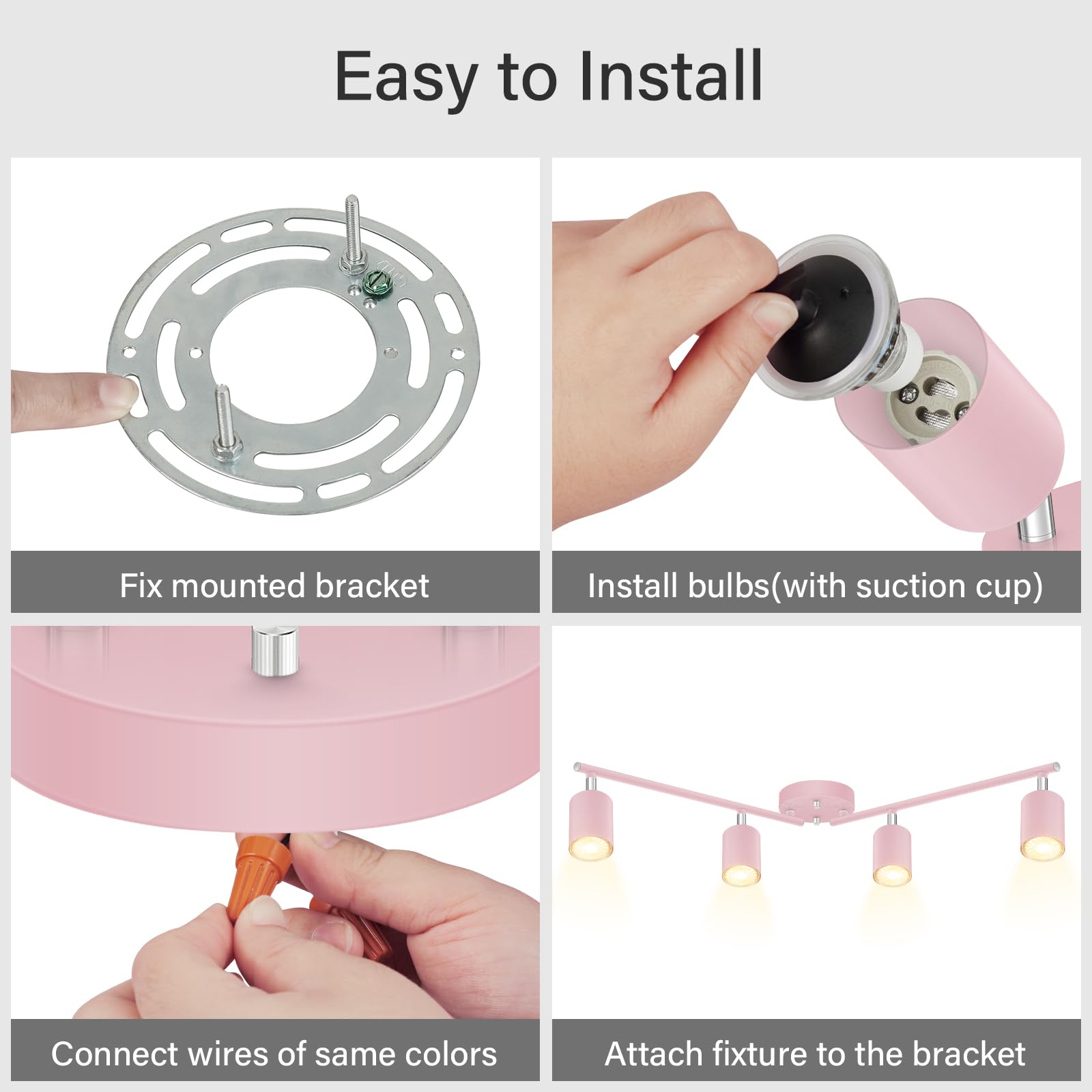 Boostarea Led 4 Light Track Lighting Kit, Pink 4 Way Ceiling Spot Lighting, Flexibly Rotatable Light Head For Kitchen, Living Ro