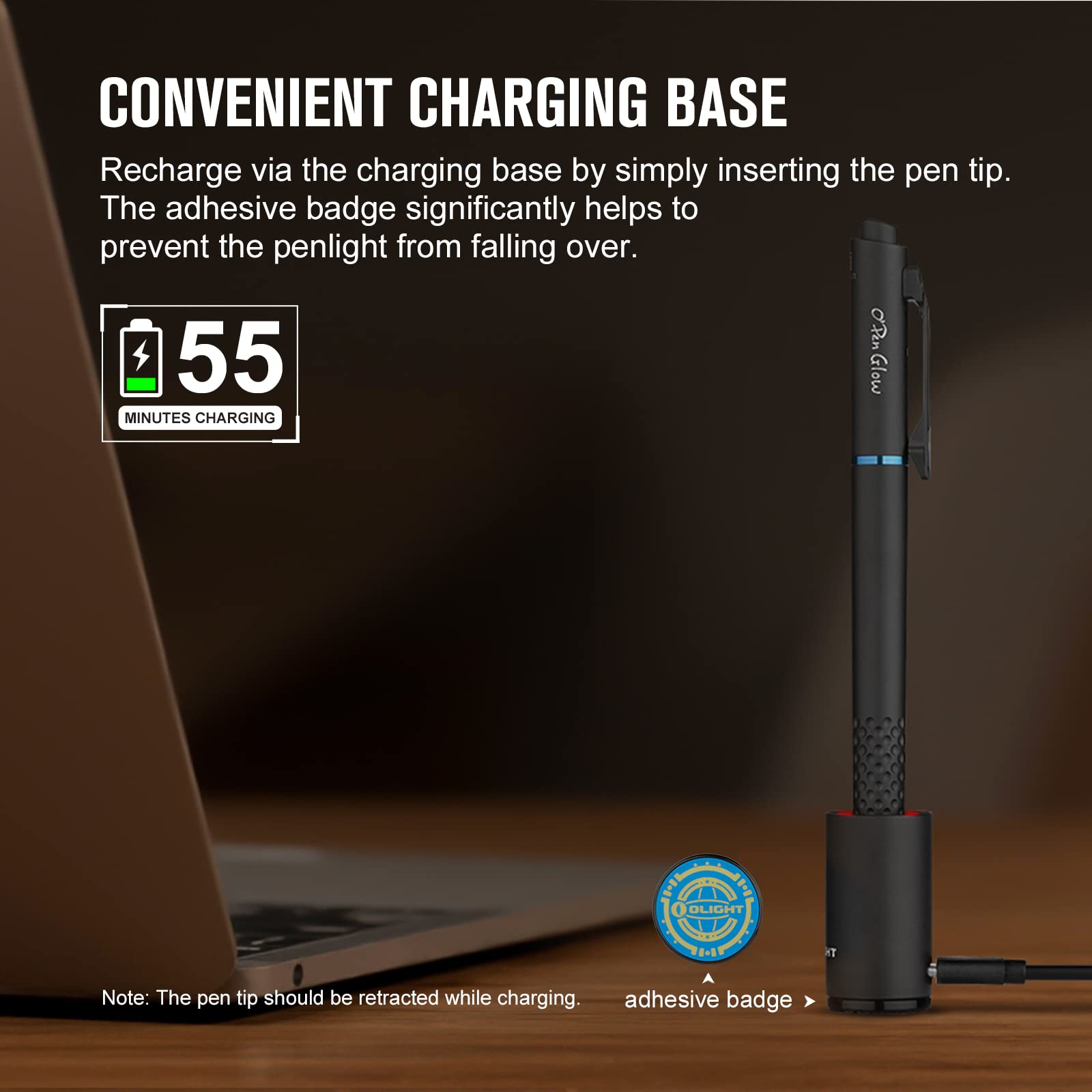 OLIGHT OPen Glow EDC Pen Light, 120 Lumens, Rechargeable, Aluminum, Black, Model: Open Glow