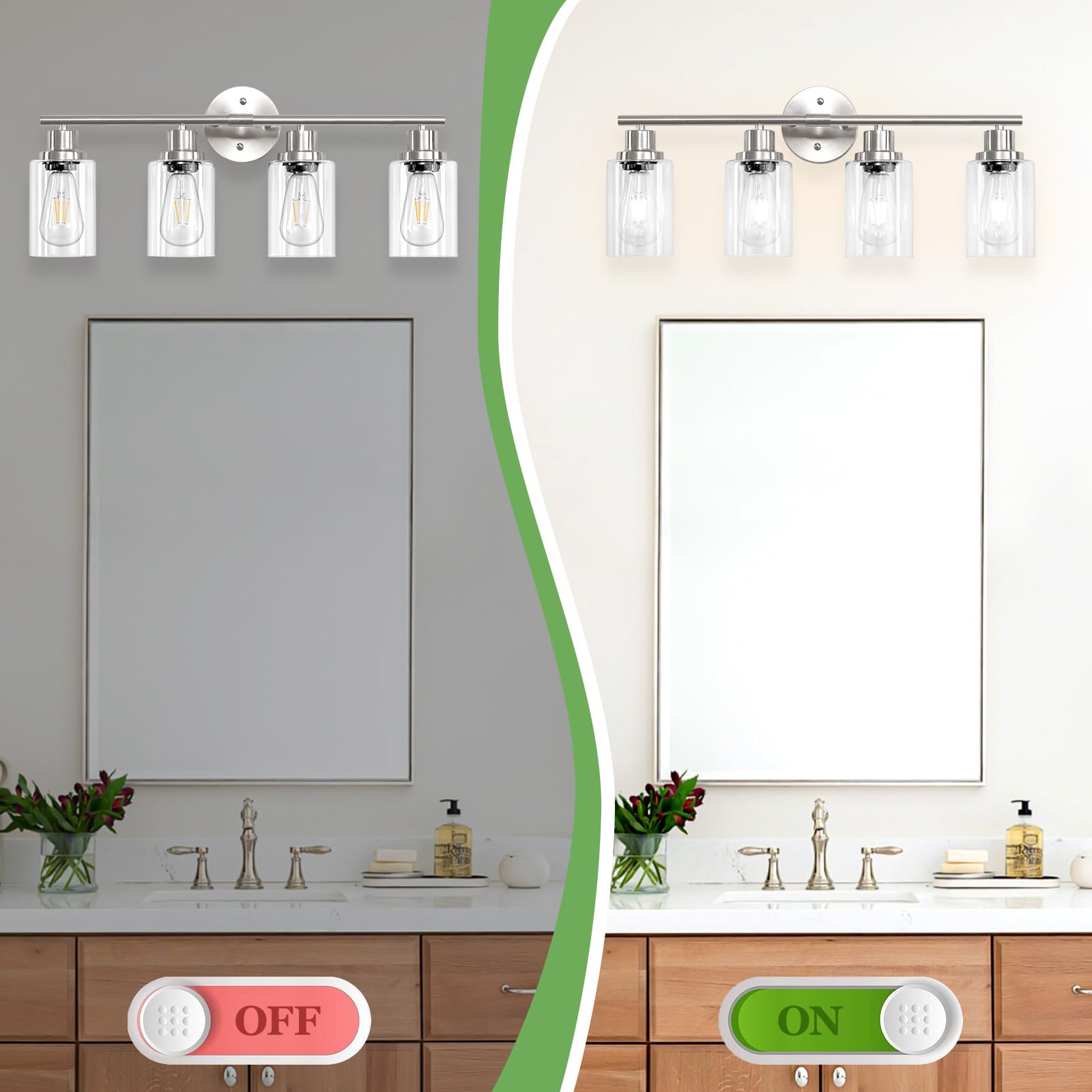 Guliaofo 4-Light Nickel Bathroom Light Fixtures, E26 Modern Vanity Lights, Clear Glass Shade, Model Gu-111-QGN-4