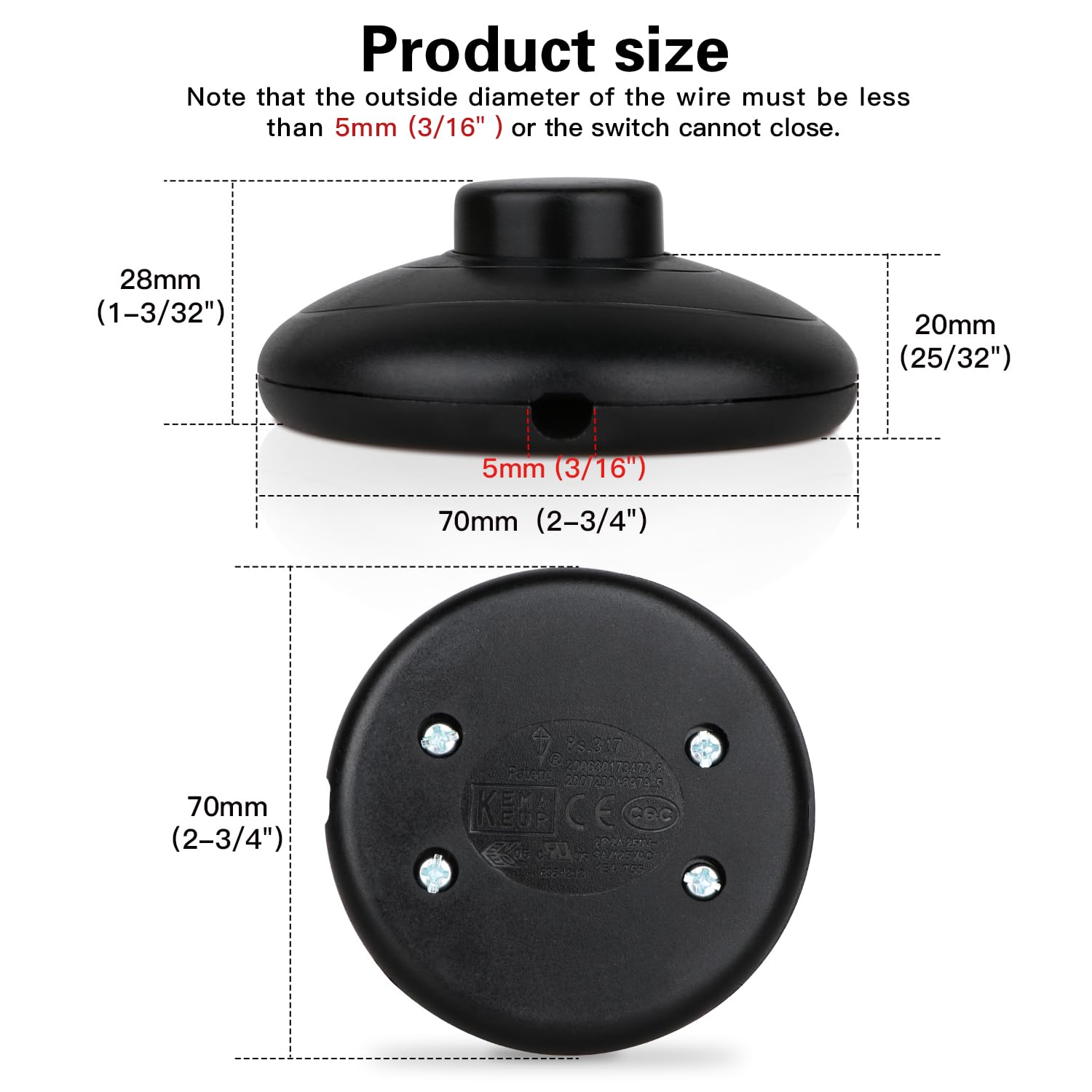 Helunsi 1Pcs Floor Lamp Foot Switch, Black Foot Pedal Switch, Round Floor Lamps Foot Inline Switch, Step On Off Spring Push Butt