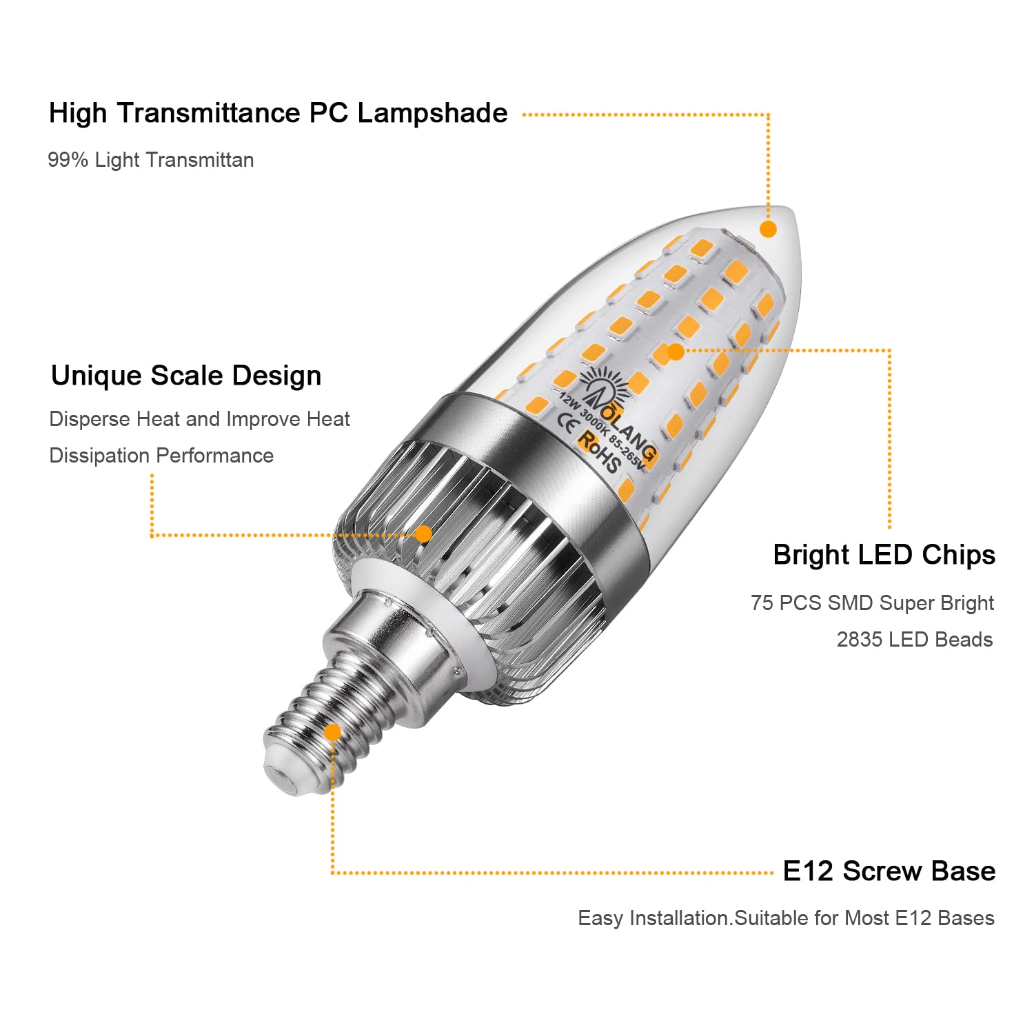 Aolang E12 Led Candelabra Bulb, 12W Led Candle Bulbs,100-Watt Light Bulbs Equivalent, Warm White 3000K Chandelier Bulbs, E12 Can