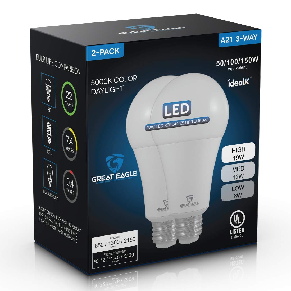 Great Eagle 50/100/150W Equivalent 3-Way A21 Led Light Bulb 5000K Daylight Color (2-Pack)
