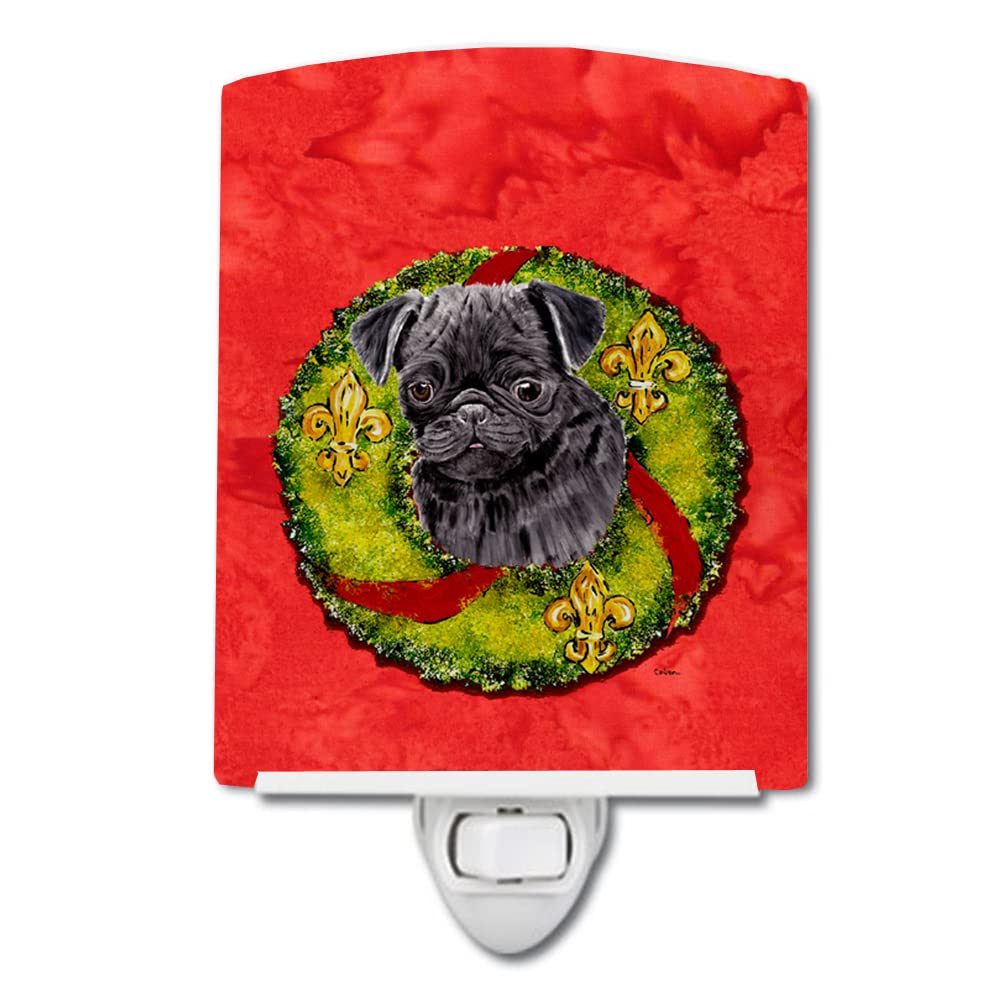 Carolines Treasures Ceramic Night Light Pug Christmas Wreath 6x4x3, Model SC9096CNL, UL-Certified, Multicolor