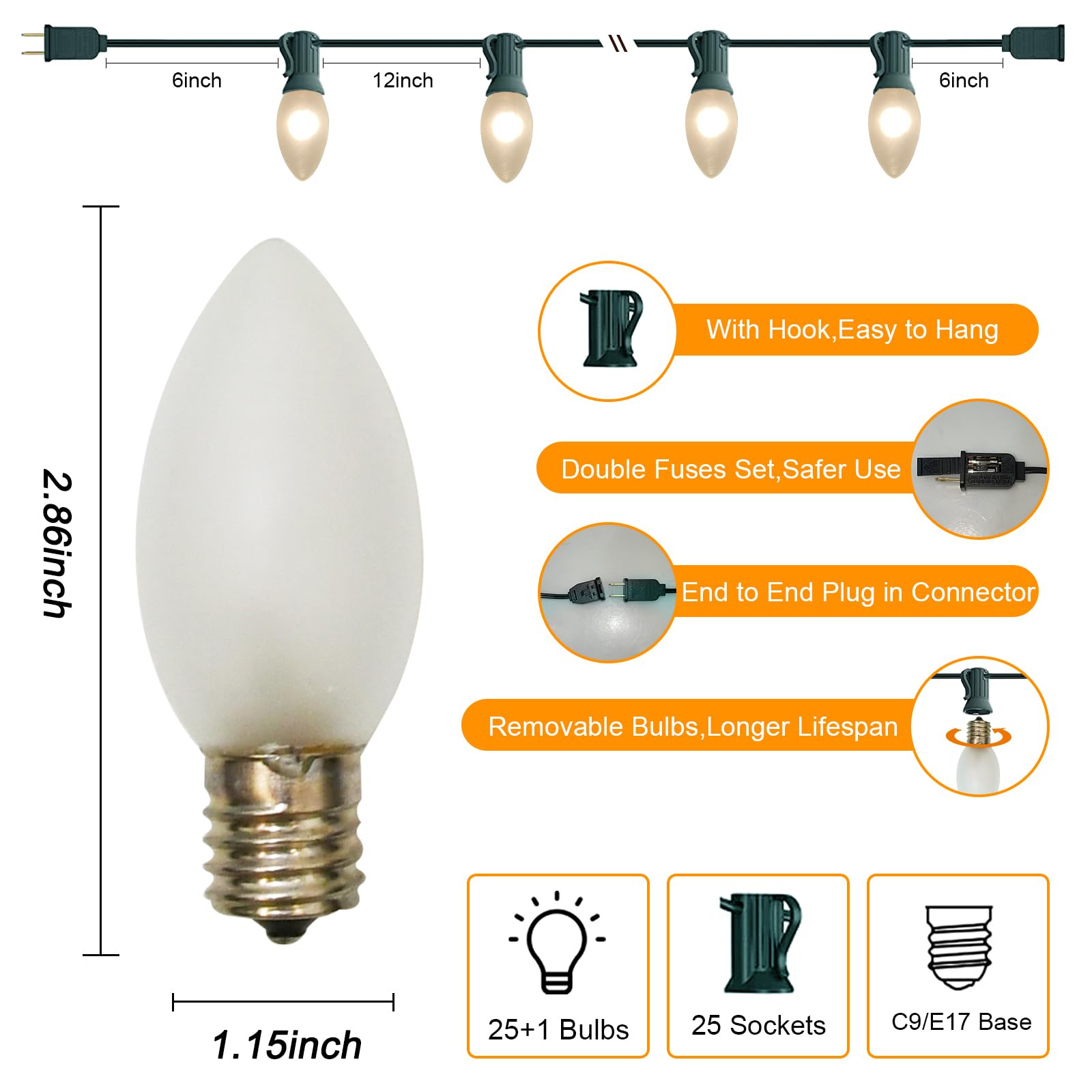 C9 Outdoor Christmas String Lights, 25Ft Christmas White String Lights With 26 Frosted White Light Bulbs(1 Spare), Hanging Backy