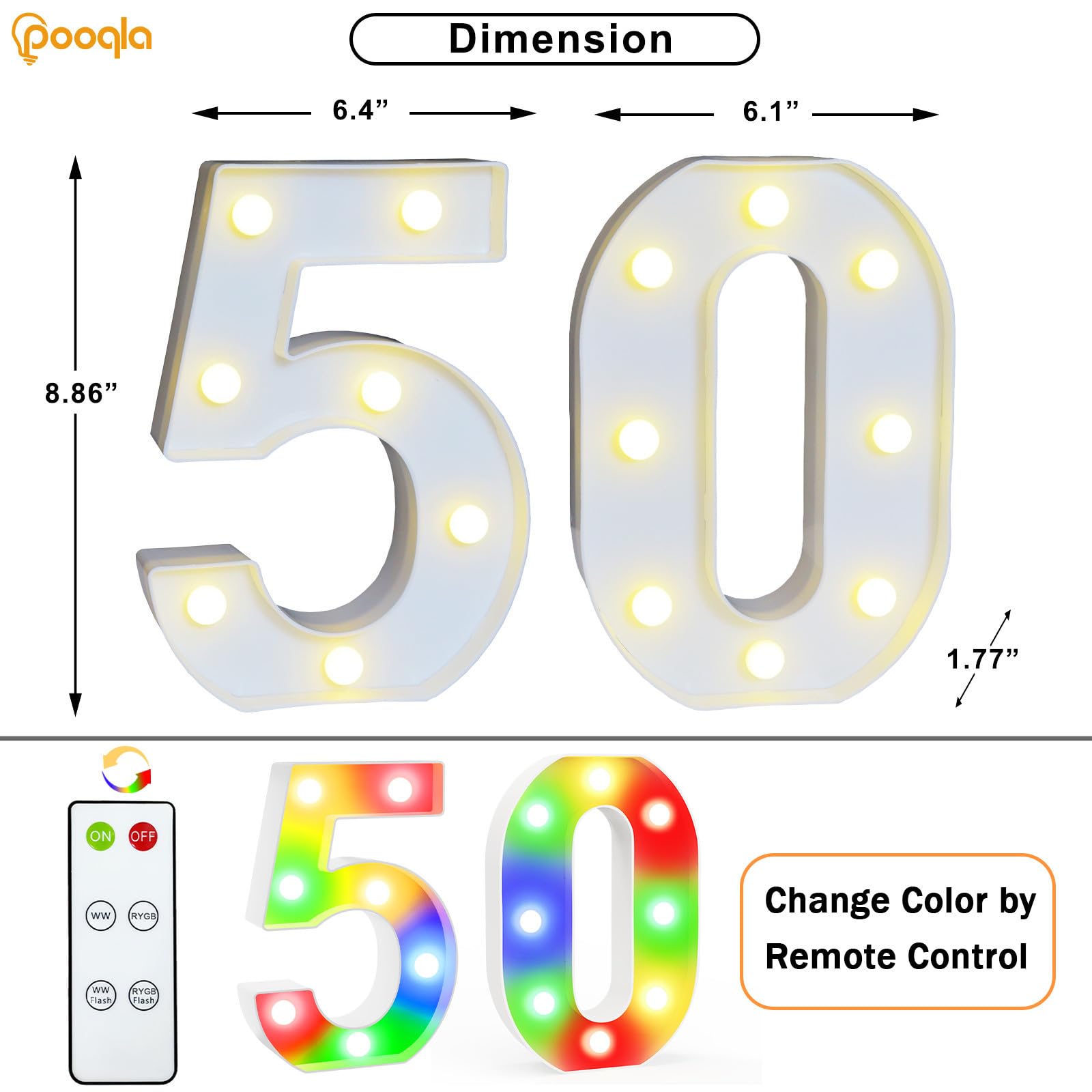 Pooqla 50Th Birthday Decoration For Her Him  Decorative Led Light Up Numbers  Marquee Numbers 50 Sign For Party Backdrop 50Th Wedding Anniversary Decor Gift  Warm White And Colorful Number 50