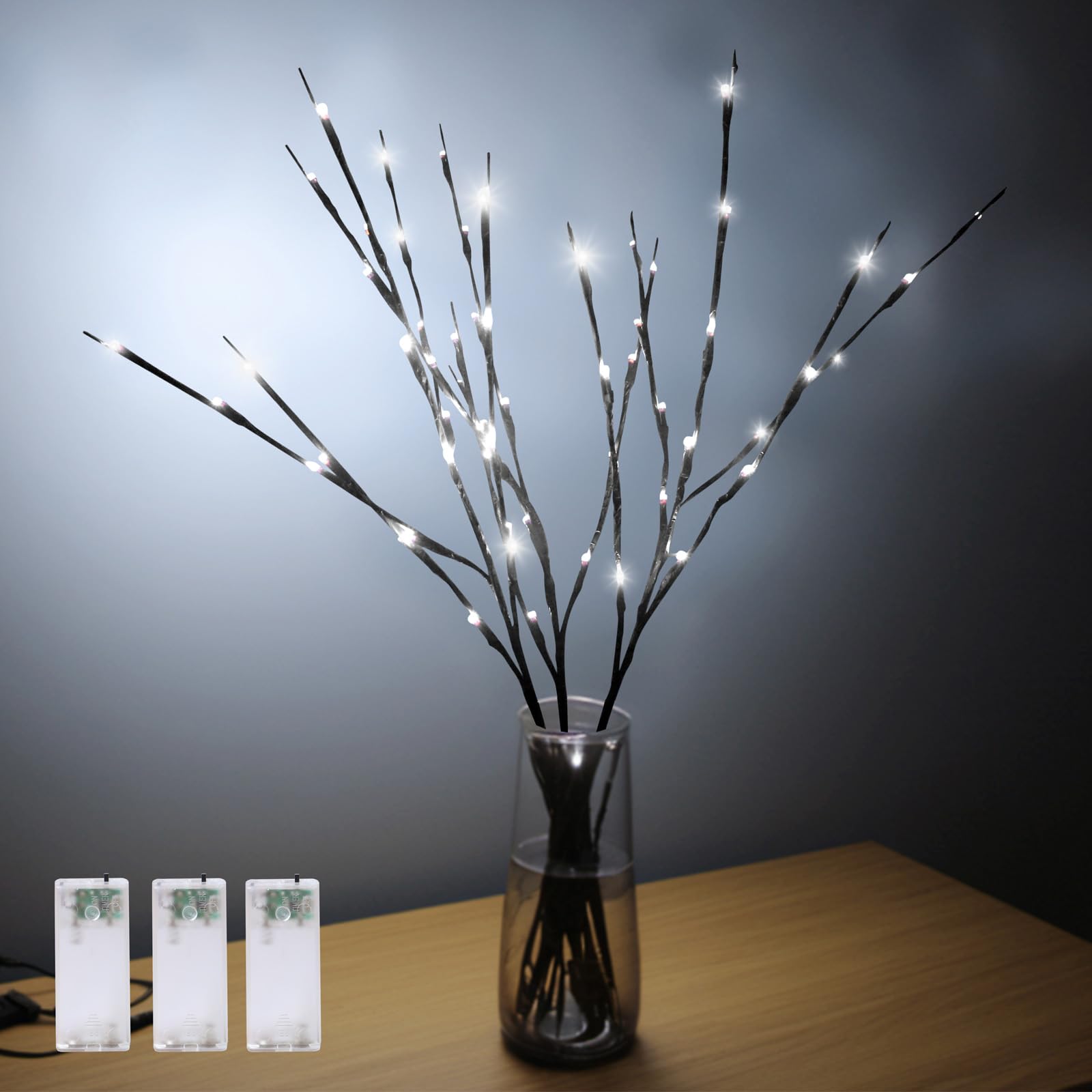 YXYQR 3PCS LED Lighted Branches Lights with Timer Battery Operated, 30 INCH Artificial Willow Brown Branches with White Fairy Li
