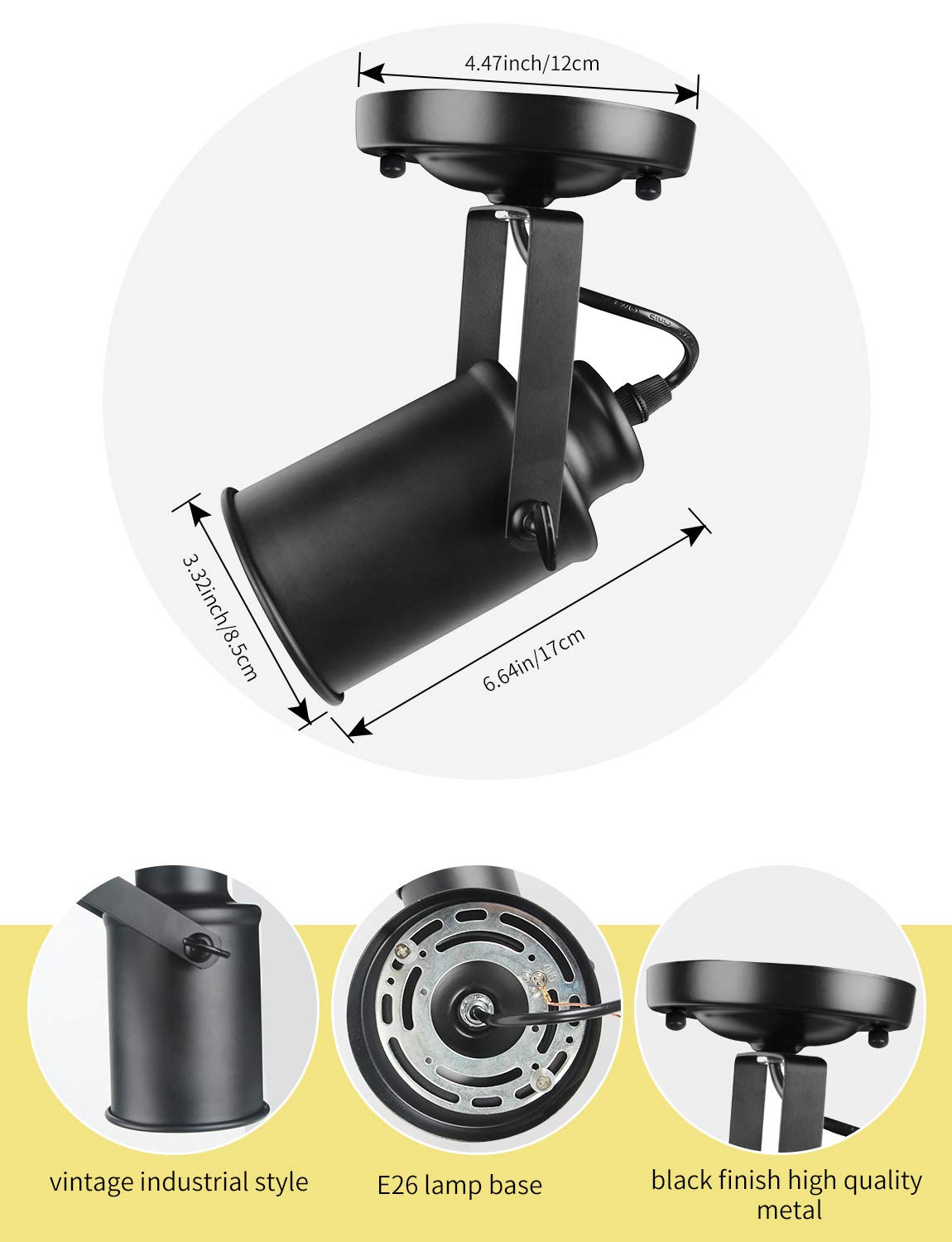 Kylynly Industrial Track Lighting Ceiling Spotlight, Matt Black Vintage Wall Mount Lights, Rotate Head, Hardwired No Plug, E26 B