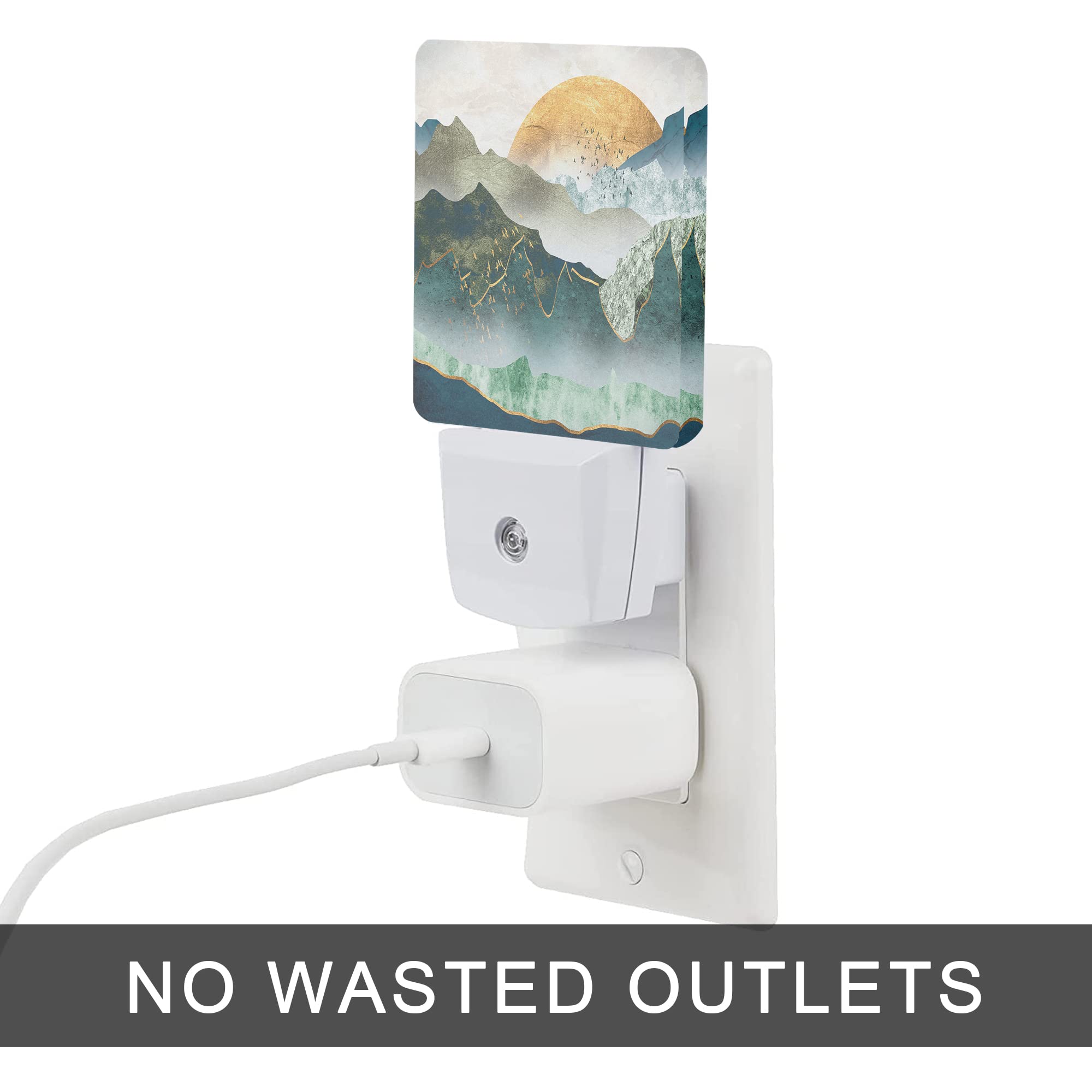 Oeaskly Mountain Night Light,Green Mountains Golden Sunset Plug In Night Lights Auto Led Lamp Energy Saving Square Lights For Boys Girls Men Women