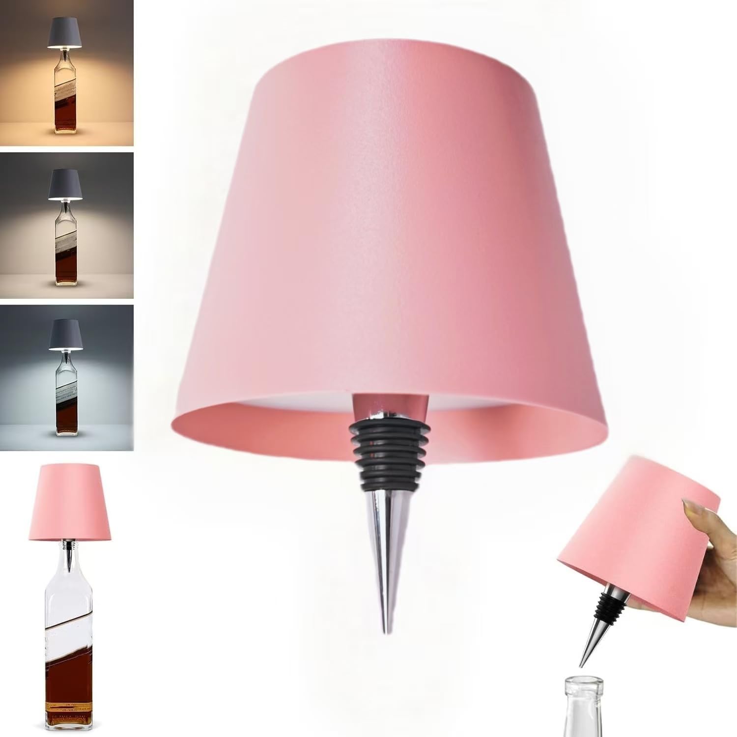 Neioaas Wireless Bottle Lamp, USB Rechargeable Touch LED, 3 Color Dimming, 1PC, Iron, Pink, Model N-Bottle Lamp