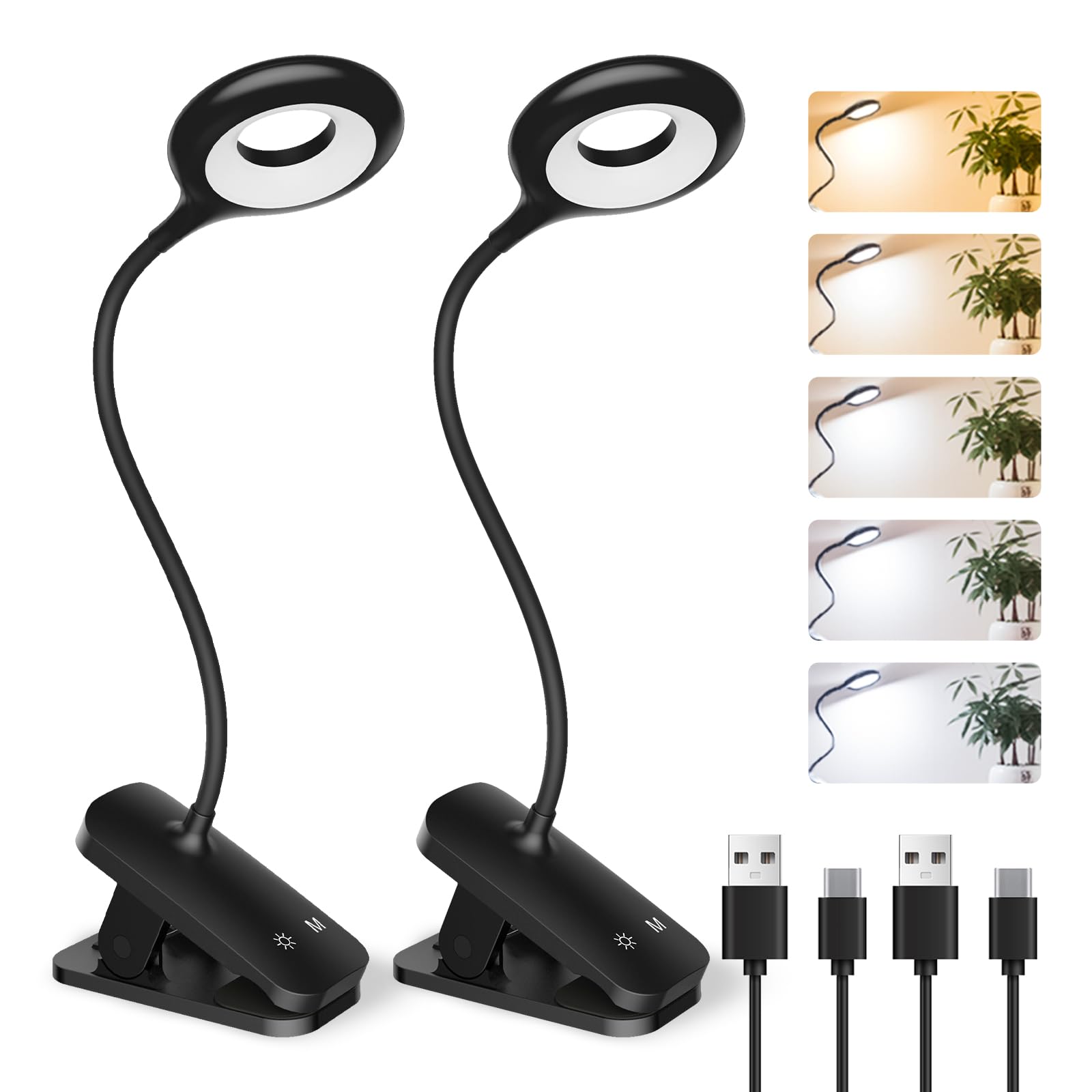 CUHIOY 2Pack Clip on Reading Light, 5 Colors 5 Brightness Bed Light for Headboard, Battery Rechargeable Flexible Neck Desk Lamp 