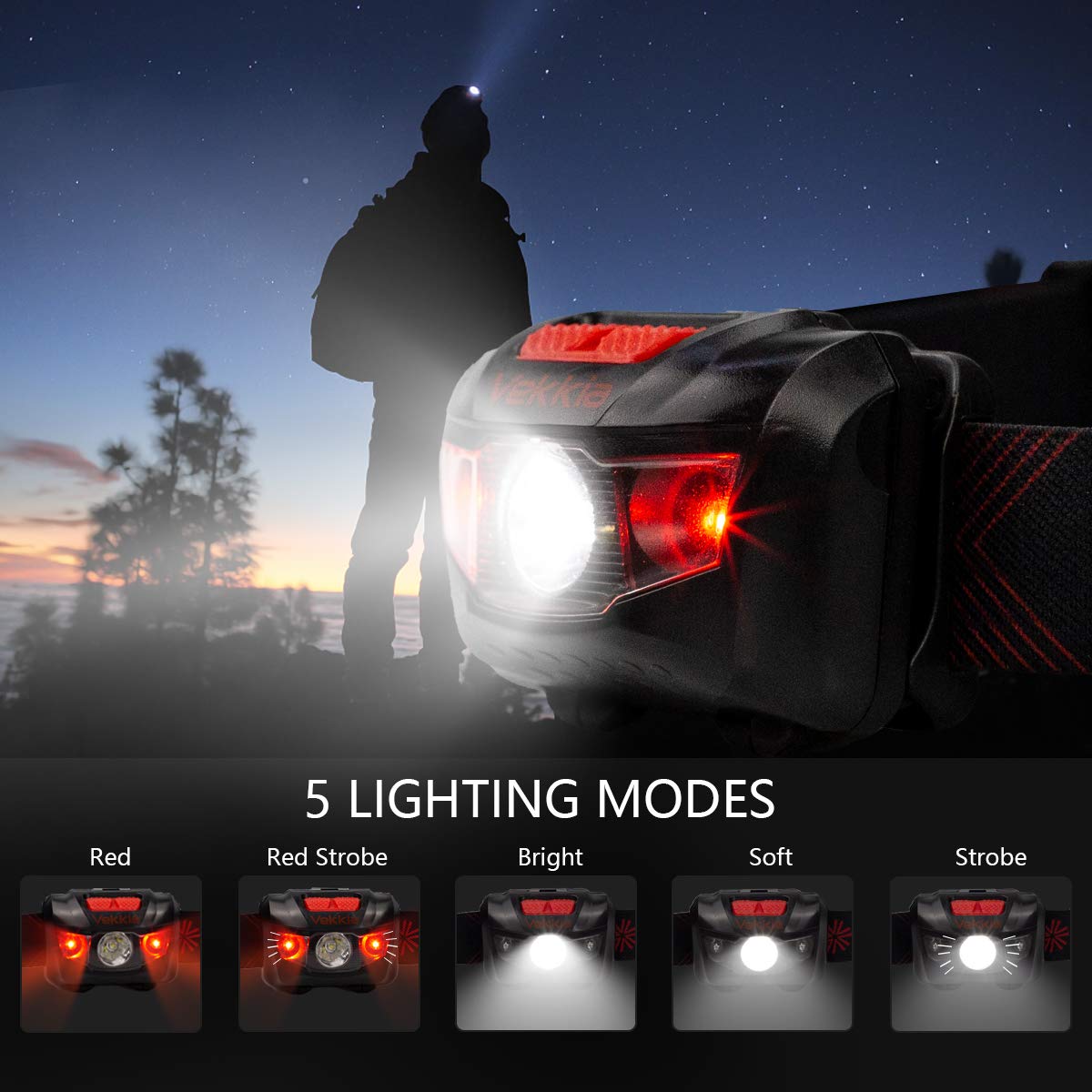 Vekkia Ultra Bright LED Headlamp, 5 Lighting Modes, IPX6 Waterproof, 1 Pack, Jet Black