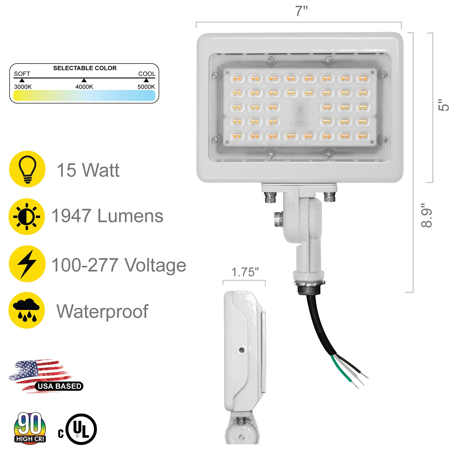 Nuwatt 15W Led Flood Light, 3Cct 3000K/4000K/5000K Selectable, Ip65 Waterproof Lighting, 1/2" Adjustable Knuckle Mount, 2100 Lumens, 120-277V, Outdoor Security Floodlight For Yard, White, Ul