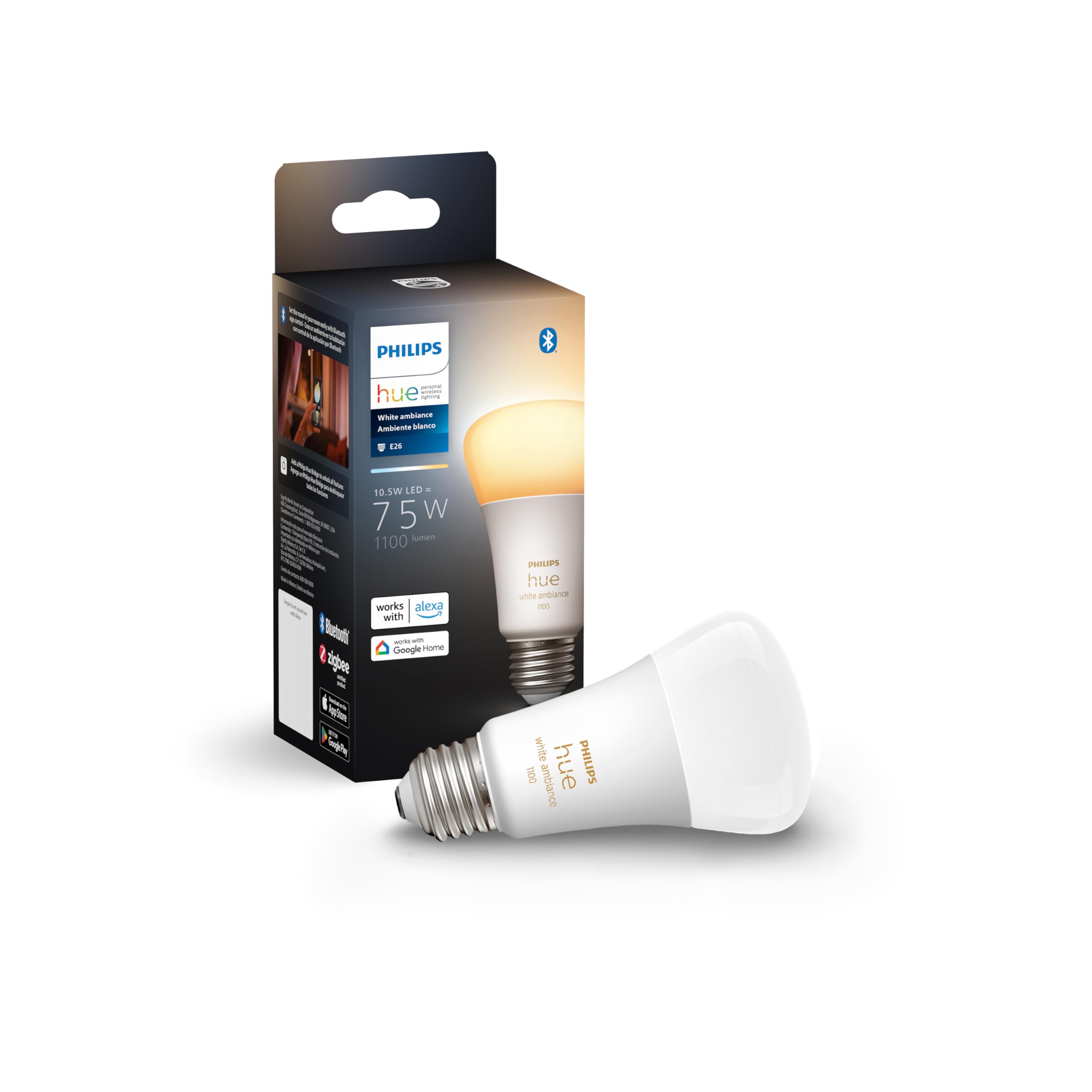 Philips Hue Smart 75W A19 Led Bulb - White Ambiance Warm-To-Cool White Light - 1 Pack - 1100Lm - E26 - Indoor - Control With Hue