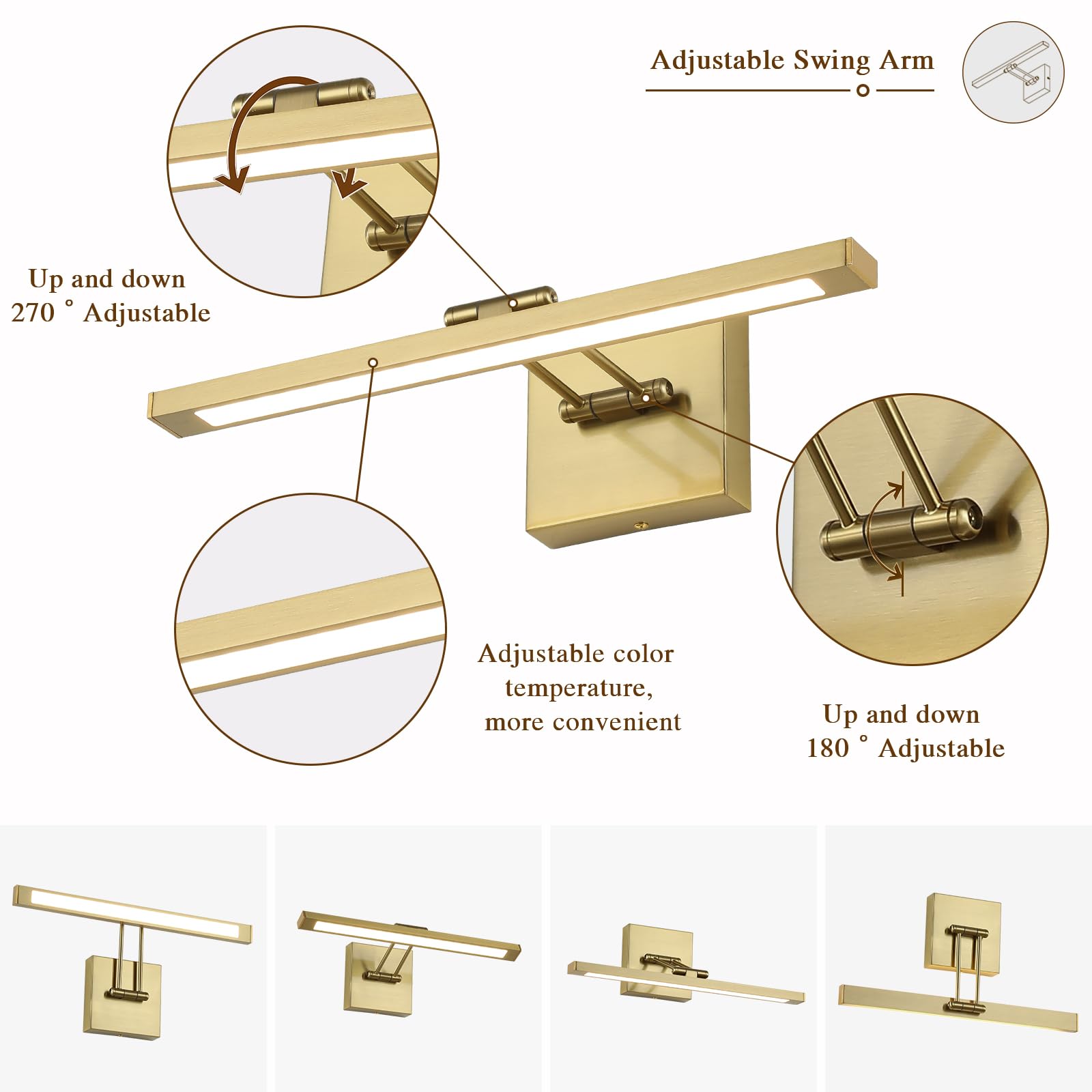 Keliden Hardwired Picture Light Brass Dimmable Modern Led Light For Pictures 15.7 Inch Long Swing Arm Art Lighting For Paintings Warm White 3000K Gallery Wall Light