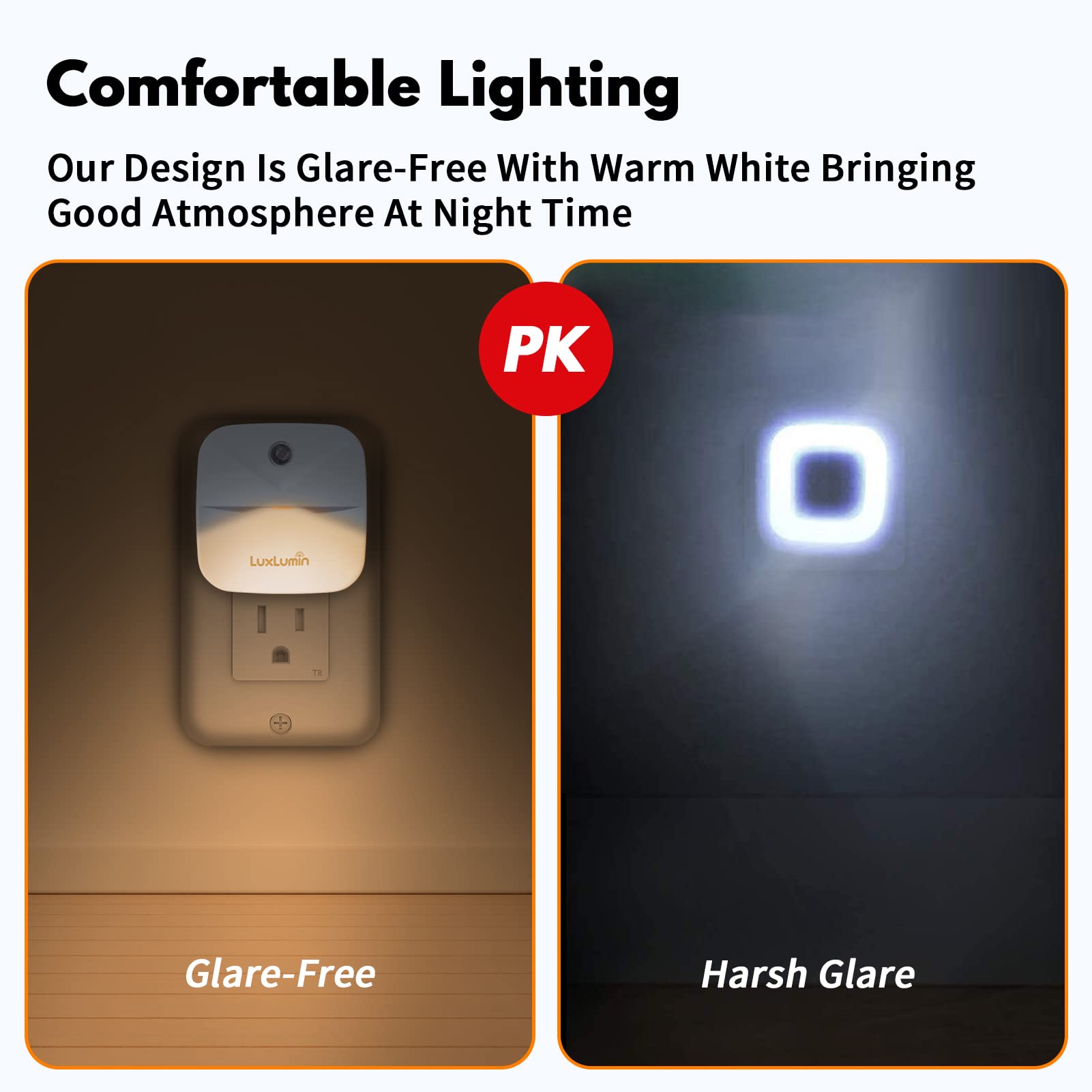 LuxLumin LED Night Light - Warm White, Non-Dimmable, 6 Pack, Dusk-to-Dawn Sensor, Ideal for Kids, Bedroom, Bathroom, and Stairs
