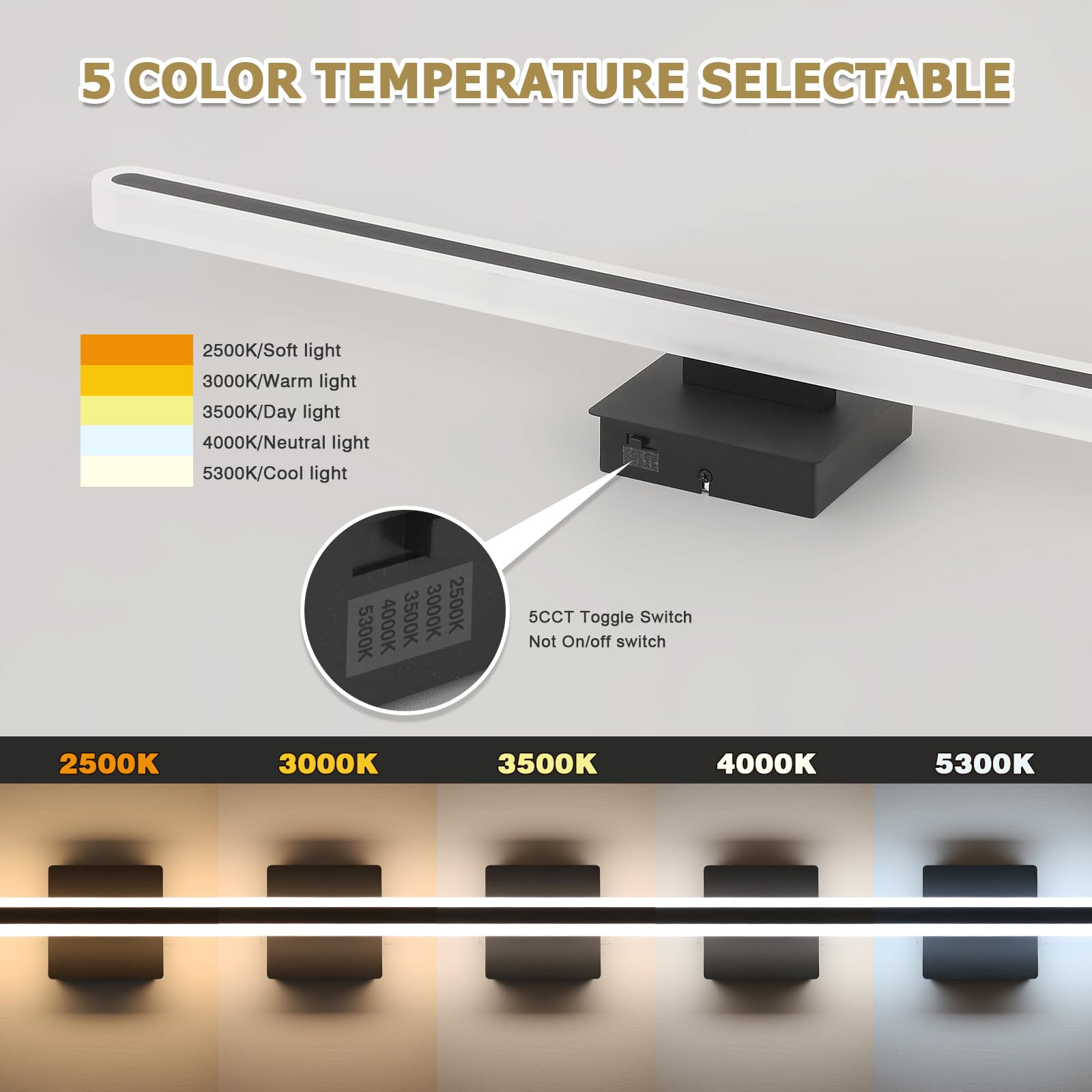 Joosenhouse Modern Black Vanity Lights For Bathroom  5Cct Dimmable Bathroom Led Light Bar  Above Mirror Vanity Lighting  31.5 Inch 24W