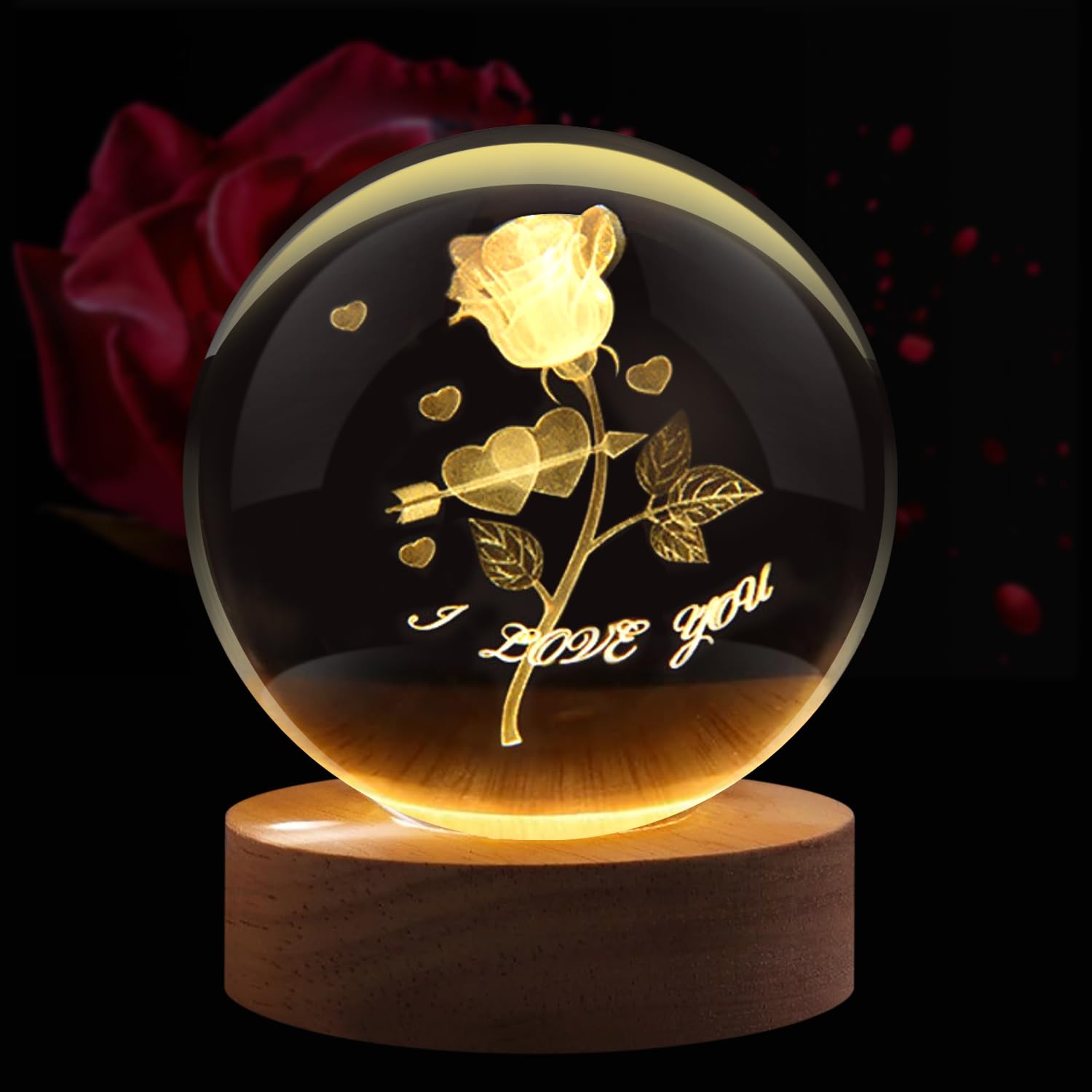 Flexzion 3D Rose Crystal Ball Night Light - LED Light Hologram Glass Lamp with Solid Wood Base, USB Powered Crystal Ball Lamp wi