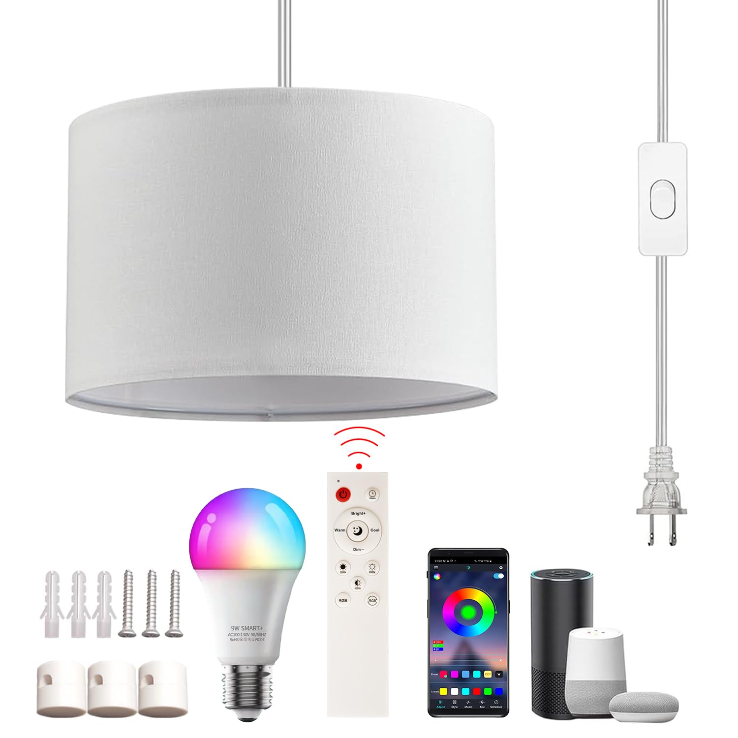 XINGZHI Plug in Pendant Light, Hanging Lamp with RGB Smart Bulb, Hanging Lights with Plug in Cord Hanging Lights for Bedroom Kit