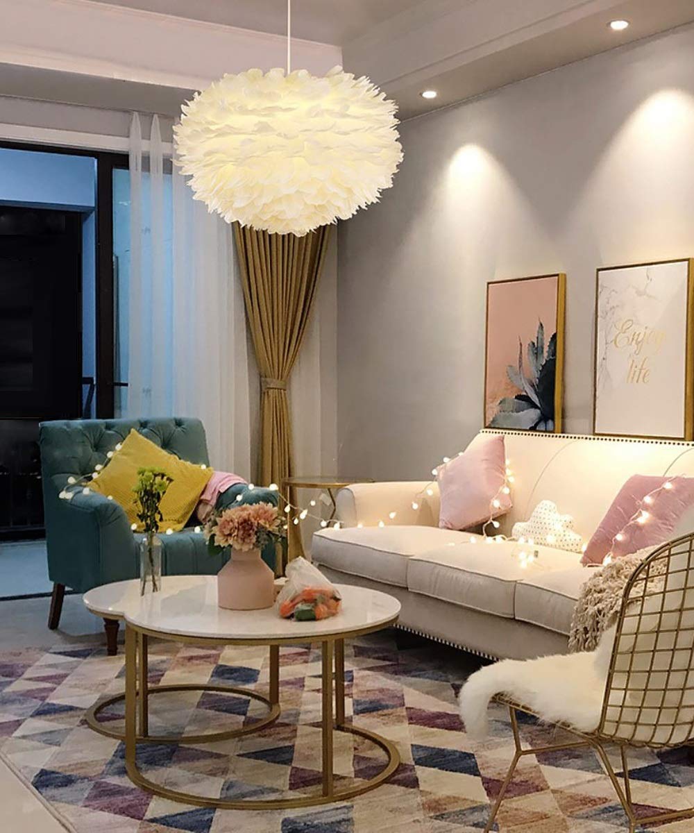 Surpars House White Feather Chandelier Pendant Light for Bedroom and Living Room